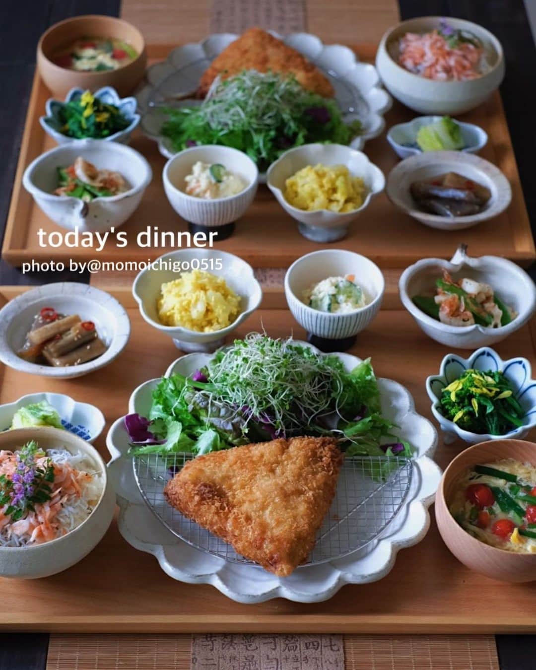 YASUKO TAKESUEのインスタグラム：「. こんばんは☺️💕. 今日の晩ごはん . . ⭐️アジフライ ⭐️生桜エビしらす丼 ⭐️甘辛ごぼう蒟蒻 ⭐️ミモザサラダ ⭐️ポテトサラダ ⭐️蓮根と絹さや桜エビのバターソテー ⭐️菜の花からし和え ⭐️柚子白菜 ⭐️お味噌汁 . . . #晩ごはん#晩御飯#晩ご飯#夜ごはん#よるごはん#夕食#おうちご飯#うちご飯#おうちご飯lover#おうちご飯記録#食卓#手料理#手作りご飯#料理写真#器好き#器集め#献立#家庭料理#food#foodpic#foodstagram#foodphotography#followme#instagood #古谷浩一 #奥田章」