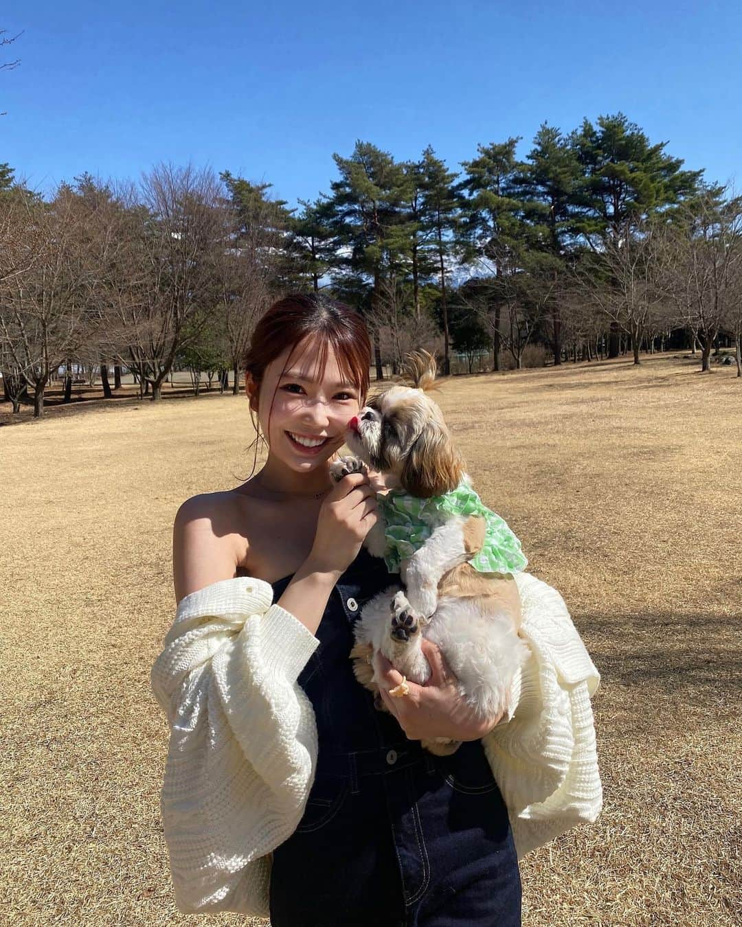 倉田乃彩のインスタグラム：「・ ・ もっちゃん初投稿🐶 お天気良くて公園日和🌳 ・ ・ 4月は一緒にいれる日少ないから たくさん遊ぶのです🐾 ・ ・ ちっくんを探せ👀 귀여워☺︎」