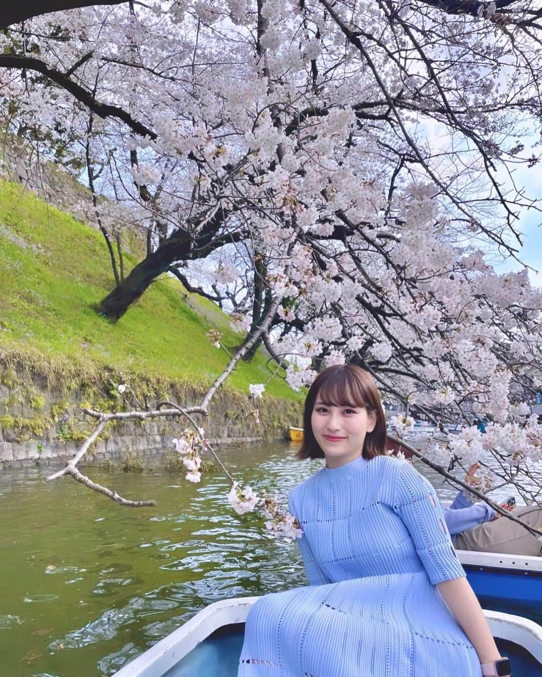 森田真理華のインスタグラム：「昨日の千鳥ヶ淵🌸 一年で一番地元が誇らしくなる時期です🧸🫶 今年は4年ぶりにさくらまつりもあるみたいで とっても楽しみにしてたけど 満開と雨がぴったり重なって残念🐸 また来週も見られたらいいな🥺🫧  #千鳥ヶ淵の桜 #千鳥ヶ淵#桜#千鳥ヶ淵ボート #皇居#お濠#ボート#ソメイヨシノ#千鳥ヶ淵公園 #celford  #お花見#花見#靖国神社#千代田区 #cherryblossom」