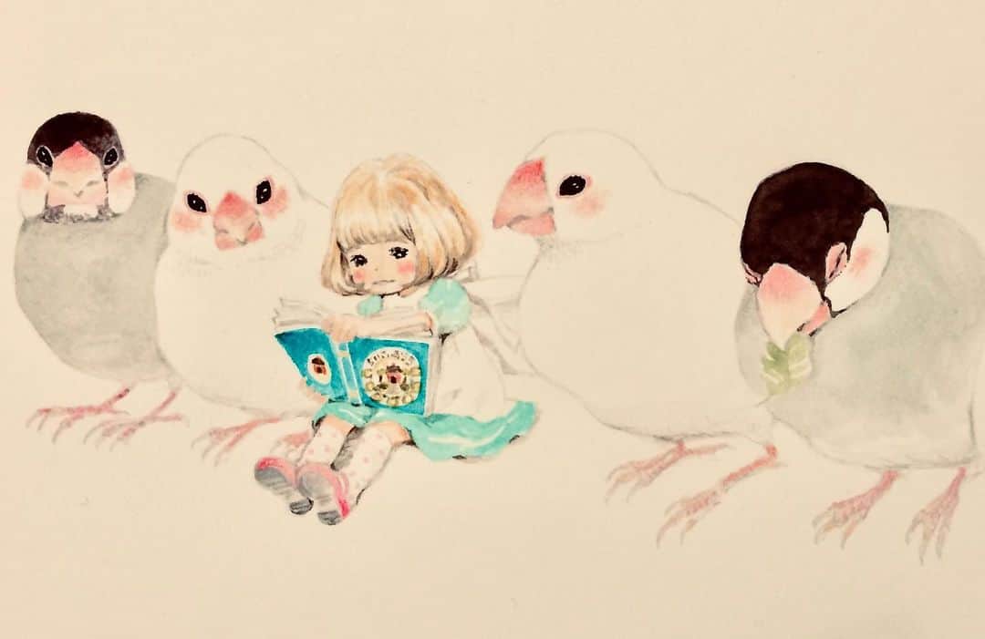 のインスタグラム：「文鳥と女の子  #水彩イラスト  #水彩絵の具  #水彩 #文鳥」