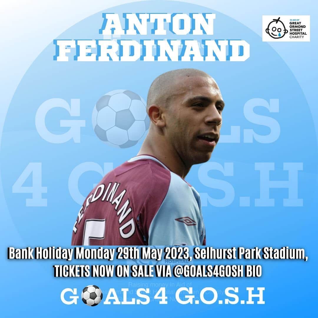 アントン・ファーディナンドのインスタグラム：「⚽️ Celebrity Football Match Player Reveal ⚽️  Former West Ham United, QPR & Sunderland defender @anton_ferdinand5 will be leading one of the teams at this years @goal4gosh main event as captain! Thank you for your support 🤝  🗓️ Bank Holiday Monday 29th of May 🏟️ Crystal Palace F.C, Selhurst Park stadium  ⏰ Celebrity Match Kick off 6.30pm  🎟️ Tickets available via the link in our bio   In aid of Great Ormond Street Hospital children’s charity💜  Player available to sponsor - DM us  #goals4gosh  #greatormondstreethospital #selhurstparkstadium  #bankholiday #charityfootball #celebrityfootball #football #G4G  #AntonFerdinand #WestHam #QPR  *Player availability is subject to work commitments」