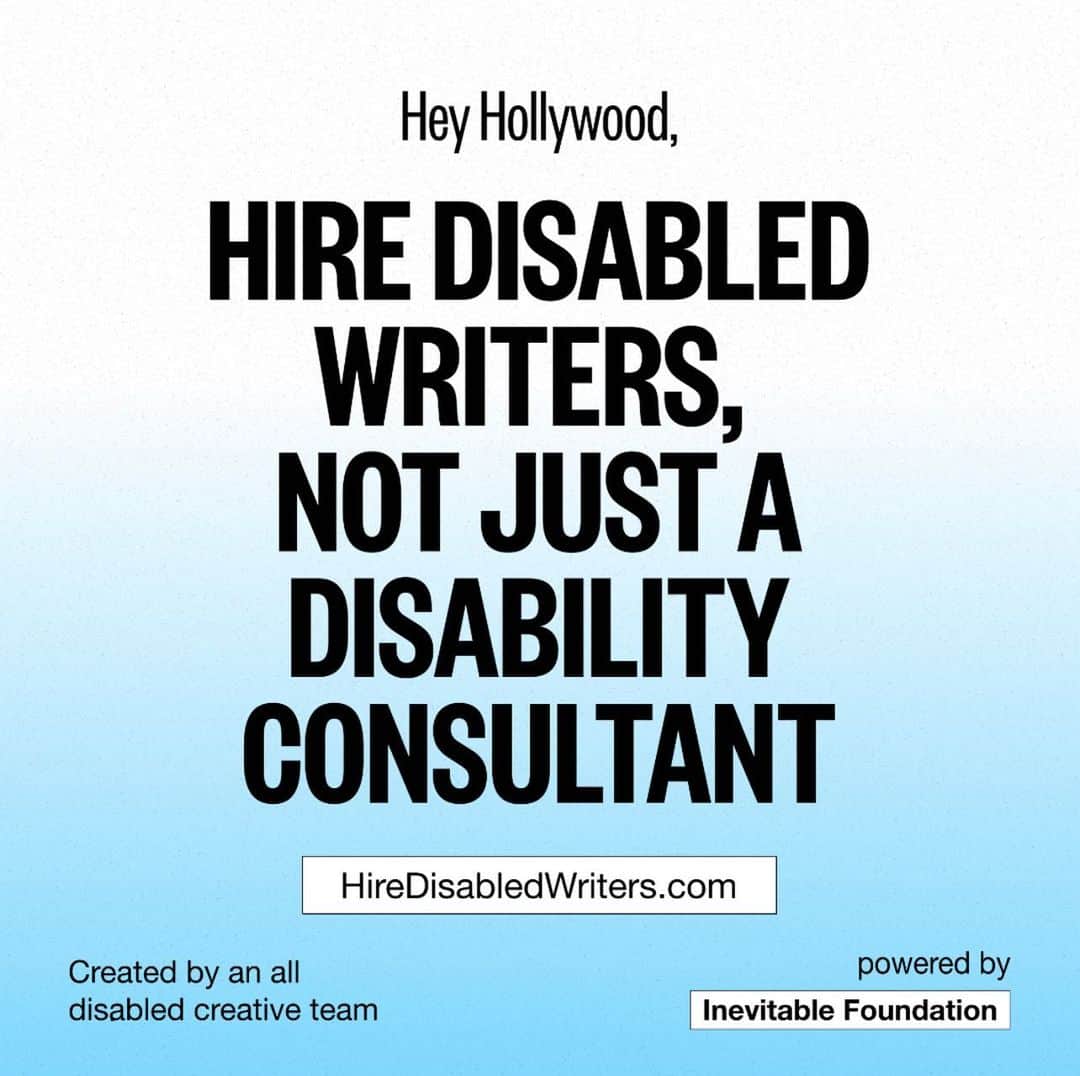 ミッキー・サムナーのインスタグラム：「I’m incredibly proud to support @inevitablefoundation ‘s Hire Disabled Writers initiative, & I am committed to advocating for & putting disabled creatives in positions of power at all stages of the creative process. JOIN ME !!!HireDisabledWriters.com」