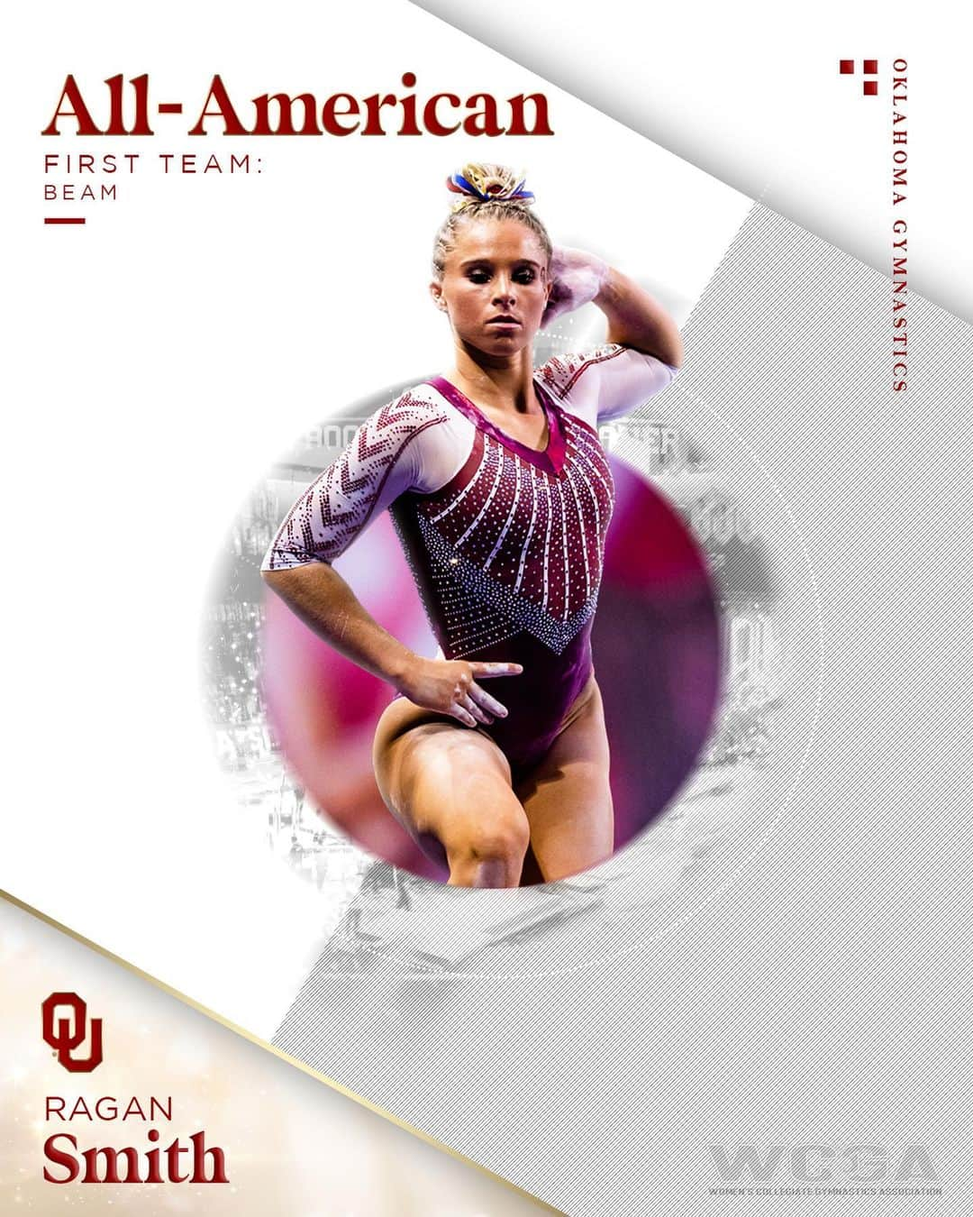 ラガン・スミスのインスタグラム：「BEAMing at this news! 🤩  Senior Ragan Smith picks up her second consecutive @wcgagym regular season first team All-America honor on beam.  #BoomerSooner」