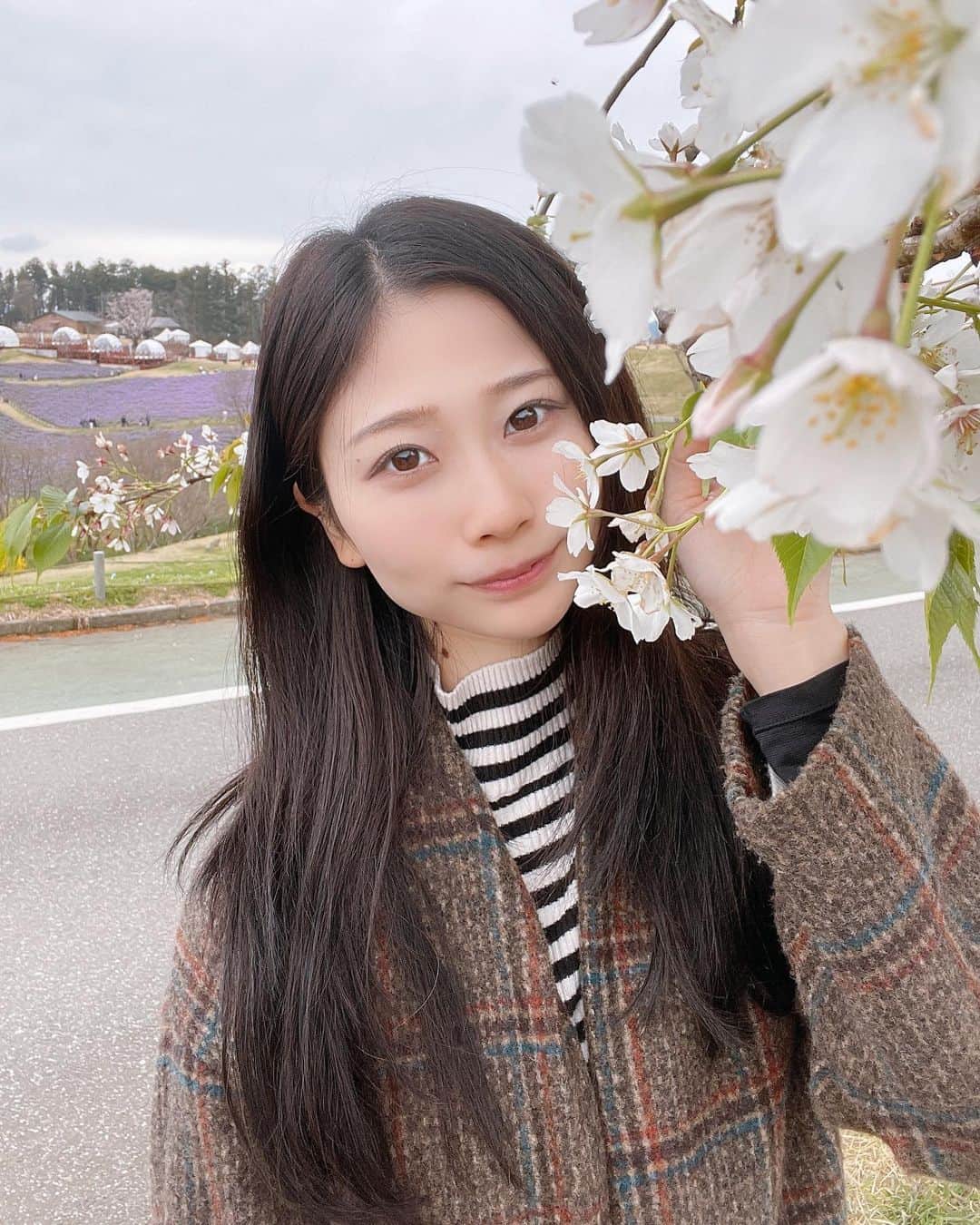 塩野響子のインスタグラム：「⠀春いっぱい感じた🤭🌸💜 ⠀ ⠀ #ヤギしゃんかあいいね  ⠀   #ワンレン #黒髪 #ナチュラル #カジュアル #カーディガン #春服 #ロングヘア」