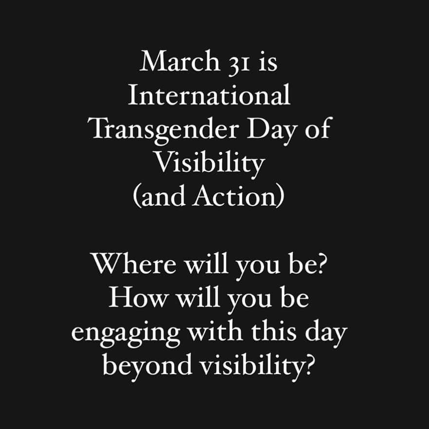 サラ・ラミレスのインスタグラム：「Black background w/white font that reads: “March 31 is International Transgender Day of Visibility (and Action). Where will you be? How will you be engaging with this day beyond visibility?” . We are living in a time where more visibility for Trans community doesn’t just create important conversations, it creates increased violence toward trans and non-binary people - in particular Black and Brown queer and trans community. On this #ITDOV #TDOV we must challenge systems beyond visibility. We must not only raise awareness, but take action; build power within queer/trans community, strategize for community care and mutual aid, push back against policies and bills that are attempting to “eradicate” trans and non-binary/gender non-conforming people (tgnc) - with the goal of changing the material conditions of tgnc folx’ lives for the better and protecting tgnc community’s rights to healthcare/housing/food security/jobs/education/voting.  There will be school walk outs, protests, marches and celebrations all over the US and globe. For more info on one, of many, youth led actions in the US please check the link in my bio. This movement is multi-generational; without tgnc youth, without the tgnc adults and elders who paved the way for us to march/protest- who have built community/safety structures to support actions- the movement is incomplete. We must come together in solidarity, raise our voices and let the people who work FOR US know that TGNC people exist and aren’t going anywhere.   Without eradication of white supremacy and anti-Blackness (in all its forms), and inclusion of disability and immigration justice, our movement is incomplete.  TGNC people have always been here, since the beginning of recorded history, and we will always be here. We make the world a more beautiful and vibrant place. Join the movement for liberation today, beyond #ITDOV, and know you’re not alone. Sending love to my beloved queer and tgnc community.  Some trans led orgs to support in NYC starting today:  @blacktransliberation  @forthegworls @blacktranstravelfund  @blacktransfund  @theokraproject  @btfacollective  @translawcenter  @officialblmp  @tgncbridges4life  @transasylias  @citgny」