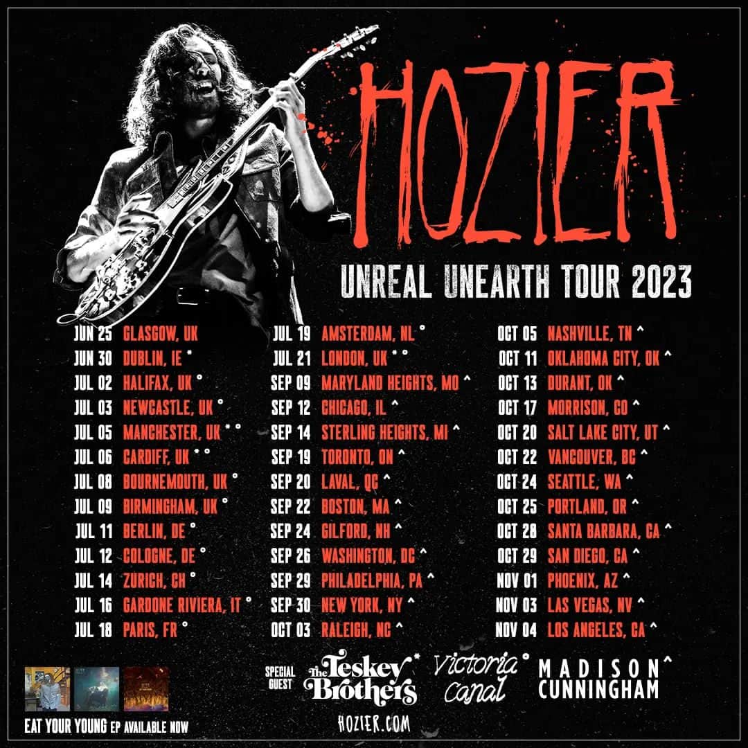 ホージアのインスタグラム：「I'm thrilled that the #UnrealUnearth tour dates are on sale now 🖤  🎟️ www.hozier.com/live」