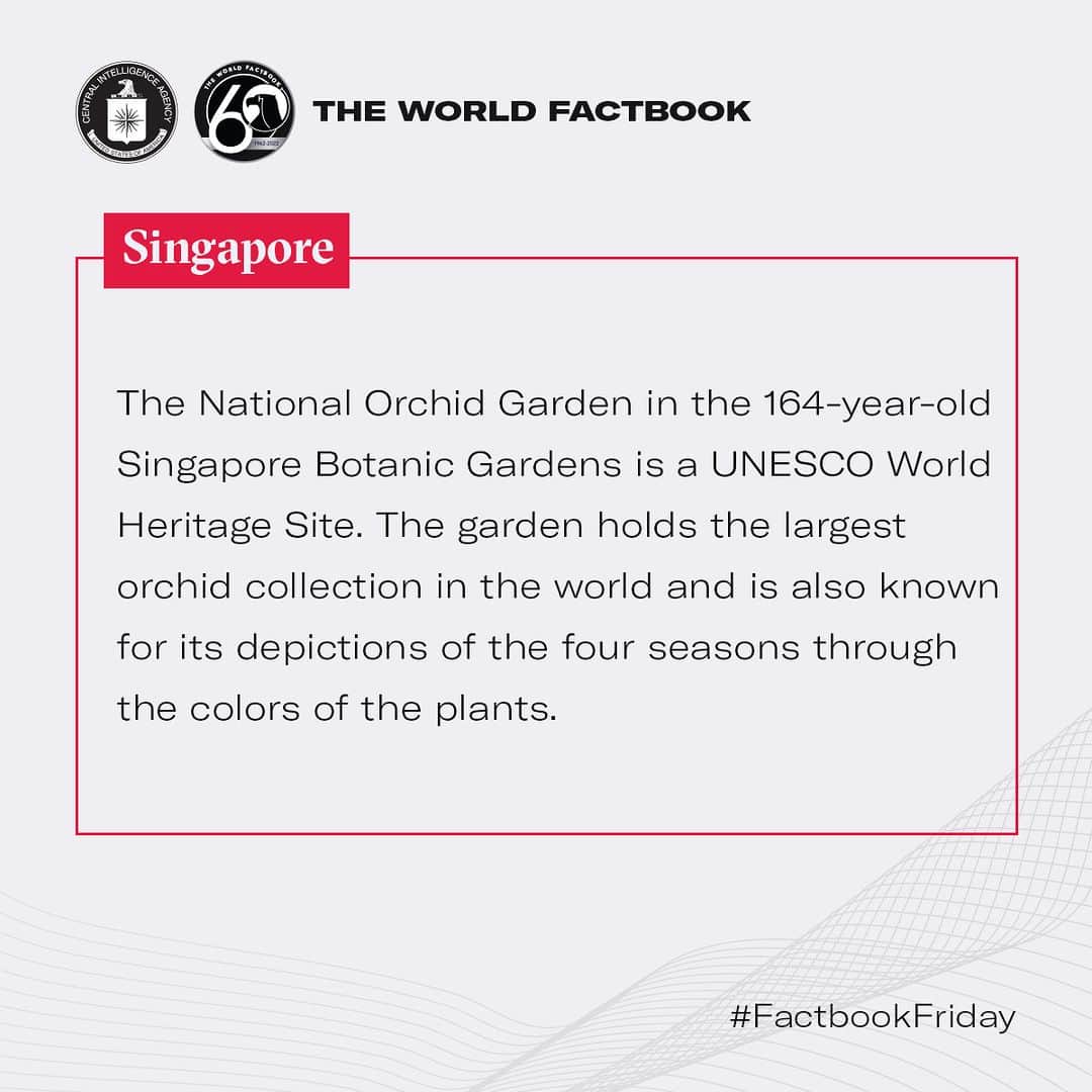 CIAのインスタグラム：「This week Factbook Friday shines the light on the efflorescence of Singapore's Botanic Gardens—the country's first UNESCO World Heritage Site.   #FactbookFriday #Singapore #BotanicGardens」