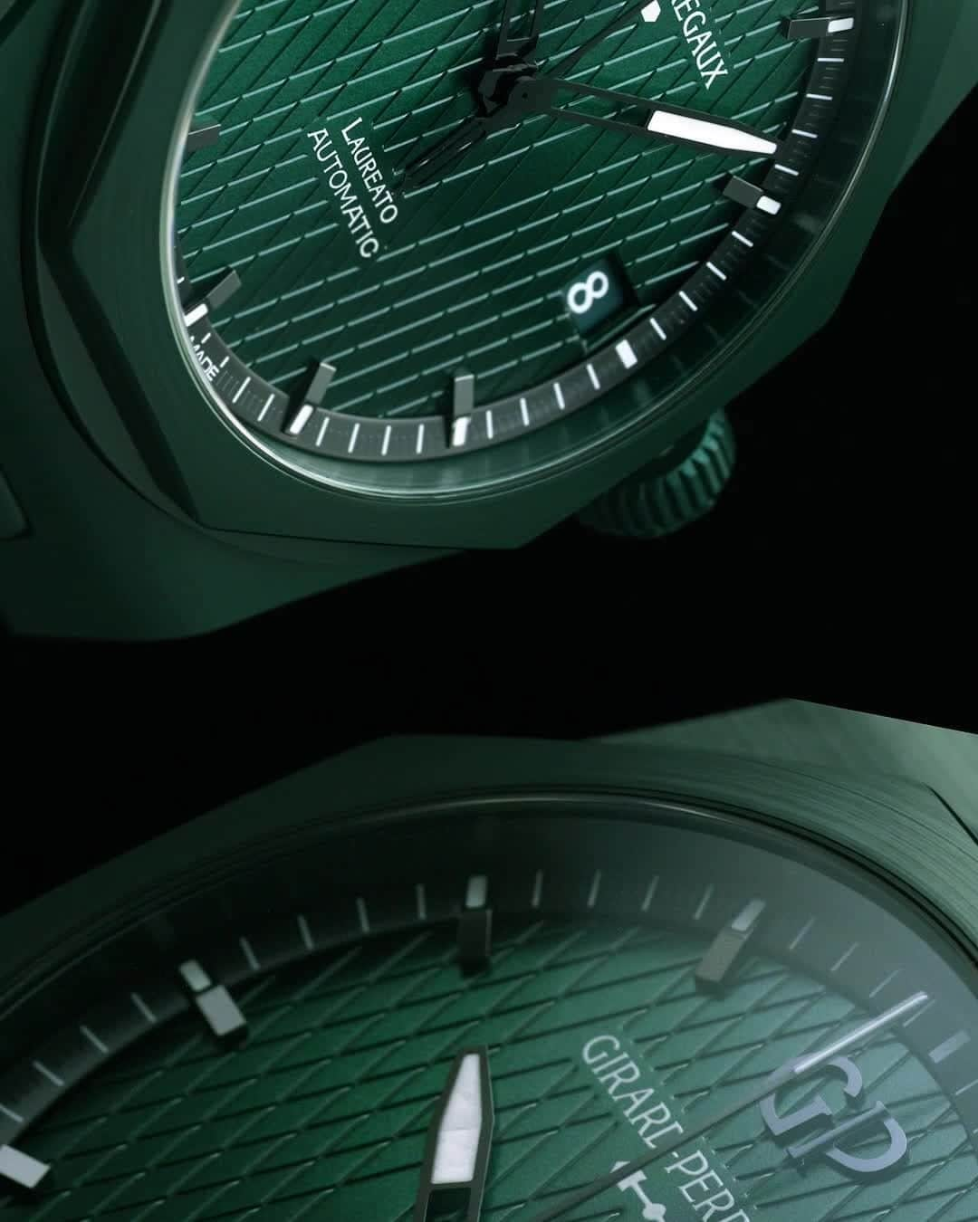 ジラールペルゴのインスタグラム：「Two sizes to fit all wrists. Our 38 mm and 42 mm #Laureato Aston Martin Green Ceramic are set to adapt to you. Not the other way around.」