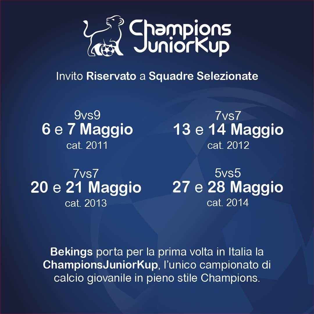 ステファノ・ソレンティーノのインスタグラム：「BeKings porta per la prima volta in Italia la ChampionsJuniorKup, l’unico campionato di calcio giovanile in pieno stile Champions.  Le migliori 2 squadre di ogni categoria avranno il diritto di partecipare alla fase finale Internazionale del 23 e 24 settembre, con la partecipazione di squadre professioniste italiane e straniere」