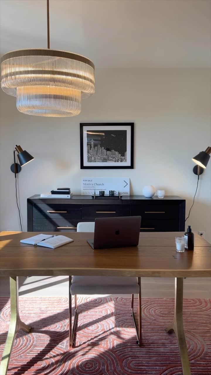 Monica Churchのインスタグラム：「I finally have my dream home office 🥹 DETAILS: Flooring: @woodpeckerflooringus Harlech White Oiled Oak Desk & Rug: @anthropologie  Chandelier, Sconces, Dresser: @westelmseattle  Dog Pillow: @pawllows  Seattle Art: @jenniferament (love her!!)   What do we think, should I cancel my order? 🤨」