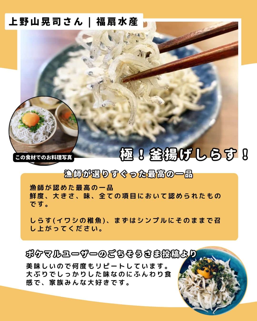 ポケットマルシェ(ポケマル) さんのインスタグラム写真 - (ポケットマルシェ(ポケマル) Instagram)「３月 オススメ食材【しらす】 ………………………… . #しらす は日本の食文化において広く親しまれている食材の一つ🌸 . そのまま食べる他にも、ご飯に乗せたり、納豆や卵焼きと一緒に食べたりすることが多いですが ✨ブルスケッタ ✨しらすのピザ ✨お酒のお供に ✨釜揚げしらすと大根おろしのペペロンチーノ など色んな食べ方を生産者さん・ポケマルユーザーさんがされていたので、その一部をご紹介いたします💁‍♀️ . 感想を見て食べたくなったらそのまま購入することもできますよ😋 ………………………… . 今回ご紹介した以外にも、ポケマルでは多くしらすを販売されている生産者さんがいらっしゃいます😊 . ポケマル公式アカウントのリンクよりポケマルwebサイトにアクセスしていただき「しらす」と検索すると、そのとき購入できる生産者さんが表示されますので 気になる方は公式サイトを覗いてくださいね✨ . ………………………… . 産直EC「ポケマル」では 📌産地直送の食材を紹介 📌生産者さんの紹介 📌ポケマルのキャンペーン を日々投稿しています！ . 投稿が気になったらフォローお願いします👉 @pocket.marche . ﹋﹋﹋﹋﹋﹋﹋﹋﹋﹋﹋﹋ . #ポケットマルシェ #ポケマル #通販グルメ #お取り寄せギフト #pocketmarche #漁師直送 #産地直送 #生産者応援 #しらす丼 #しらすご飯 #しらすレシピ #しらすピザ」3月25日 21時00分 - pocket.marche