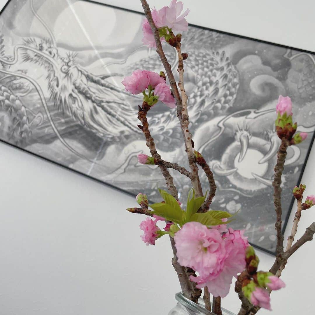 薮田和樹のインスタグラム：「🌸🐉✊🔥 我が家の龍神様と咲き始めた桜🌸」