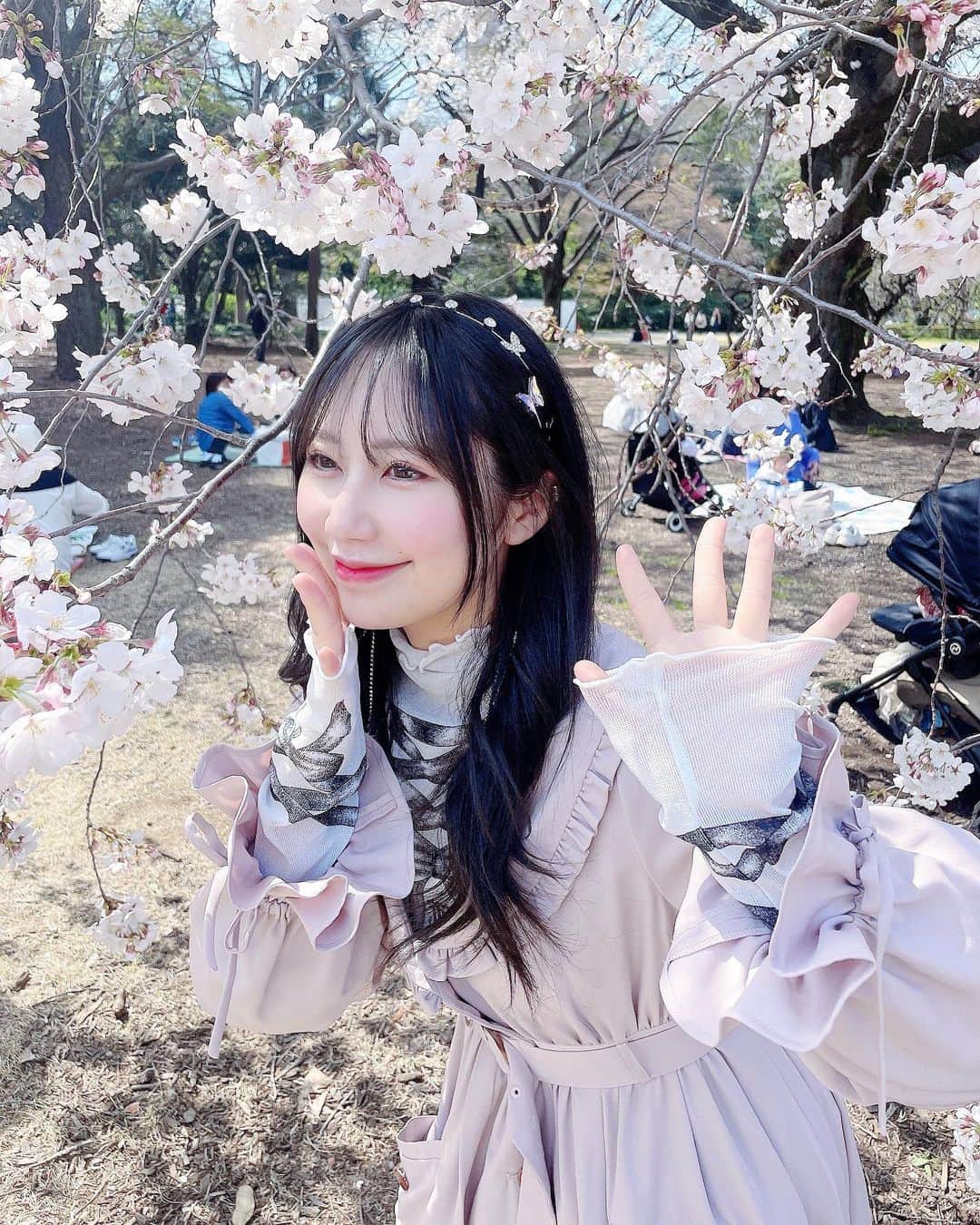 上野遥のインスタグラム：「🌸🌸🌸  結衣と桜を見ました〜！  時間的に少しだけだったけど、 晴れてた日で暖かくて最高でした🥹！  #新宿御苑 #初めて行った #入る前に並んでるの見てたまげました　#お花見 #東京桜」