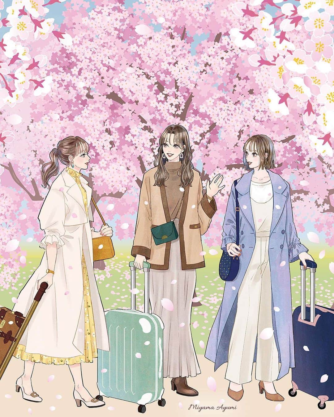 miya(ミヤマアユミ)のインスタグラム：「JR東京駅で開催される春フェアのメインビジュアルを担当しました🌸 明日からです。  この絵は桜と旅がテーマです👜大きな柱に展示される予定です。ご覧頂けましたら嬉しいです。  『東京駅から春を感じよう 2023 Spring at Tokyo Station』 3月27日〜4月9日まで🌸 東京駅 @tokyostationcity   ポストカードのプレゼント企画も開催されます。 詳細は「TOKYO STATION CITY」Webサイトをご確認ください。 http://www.tokyostationcity.com/news/20230322140000/ ※ポストカードの引き換えは4/7(金)〜4/9(日)の3日間です。  JR東京駅直結の「丸善丸の内本店」さんでは画集 #花kotoba🌸 のサイン本と色紙を置いて頂きます📙イベントに合わせて桜の絵を描きました。 3/28(火)入荷予定です。(遅れる可能性もあります。)  旅行やお買い物がてら東京駅で春を感じて頂けましたら嬉しいです🌷  #桜 #さくら #サクラ #spring #東京ステーションシティ #東京駅 #JR #旅行 #旅行コーデ  #artwork #watercolor #水彩 #透明水彩 #art #illust #illustration #draw #illustrator #イラスト #イラストレーター #手描き #手書き #アナログイラスト #花 #flower #flowers #ファッション #fashion #ファッションイラスト」