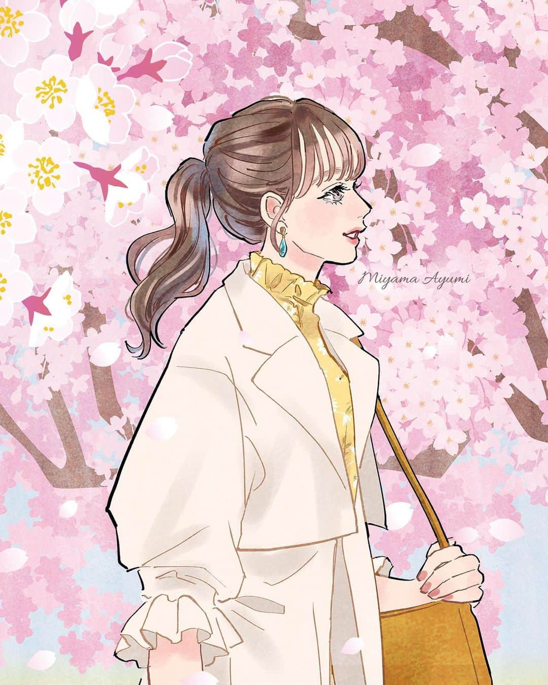miya(ミヤマアユミ)さんのインスタグラム写真 - (miya(ミヤマアユミ)Instagram)「JR東京駅で開催される春フェアのメインビジュアルを担当しました🌸 明日からです。  この絵は桜と旅がテーマです👜大きな柱に展示される予定です。ご覧頂けましたら嬉しいです。  『東京駅から春を感じよう 2023 Spring at Tokyo Station』 3月27日〜4月9日まで🌸 東京駅 @tokyostationcity   ポストカードのプレゼント企画も開催されます。 詳細は「TOKYO STATION CITY」Webサイトをご確認ください。 http://www.tokyostationcity.com/news/20230322140000/ ※ポストカードの引き換えは4/7(金)〜4/9(日)の3日間です。  JR東京駅直結の「丸善丸の内本店」さんでは画集 #花kotoba🌸 のサイン本と色紙を置いて頂きます📙イベントに合わせて桜の絵を描きました。 3/28(火)入荷予定です。(遅れる可能性もあります。)  旅行やお買い物がてら東京駅で春を感じて頂けましたら嬉しいです🌷  #桜 #さくら #サクラ #spring #東京ステーションシティ #東京駅 #JR #旅行 #旅行コーデ  #artwork #watercolor #水彩 #透明水彩 #art #illust #illustration #draw #illustrator #イラスト #イラストレーター #手描き #手書き #アナログイラスト #花 #flower #flowers #ファッション #fashion #ファッションイラスト」3月26日 19時21分 - miya78pic