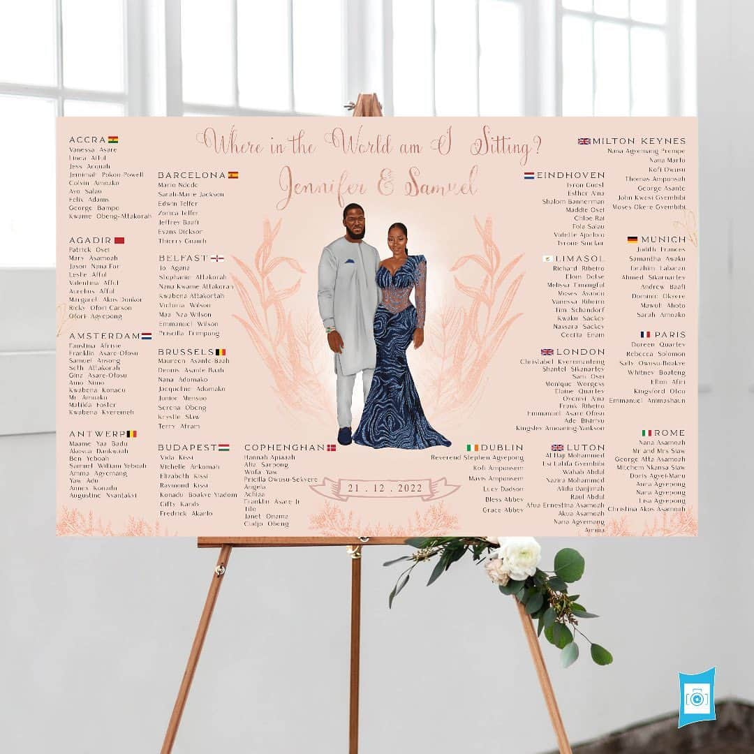 Ŝ Ŋ Ą Ƥ☻Ƥ Ą Ŋ Ĕ Ĺ?Ğ Ƕ SMMのインスタグラム：「。  Make your travel theme wedding even more special with this amazing World Seating Chart featuring country flags. 🌍🌎🌏 Each table at the reception will represent a different city in a country, creating a unique and unforgettable experience for you and your guests. ✈️❤️ #asare4life   Congratulations to Samuel + Jennifer💍❤️ on your special day! May your love continue to blossom and grow with each passing year, and may your journey together be filled with joy, laughter, and endless happiness. May you always cherish each other and find comfort and strength in one another's arms. Here's to a lifetime of love and companionship! ❤️ ❤️   @myrtleweddings  #makingsmileyfaces」