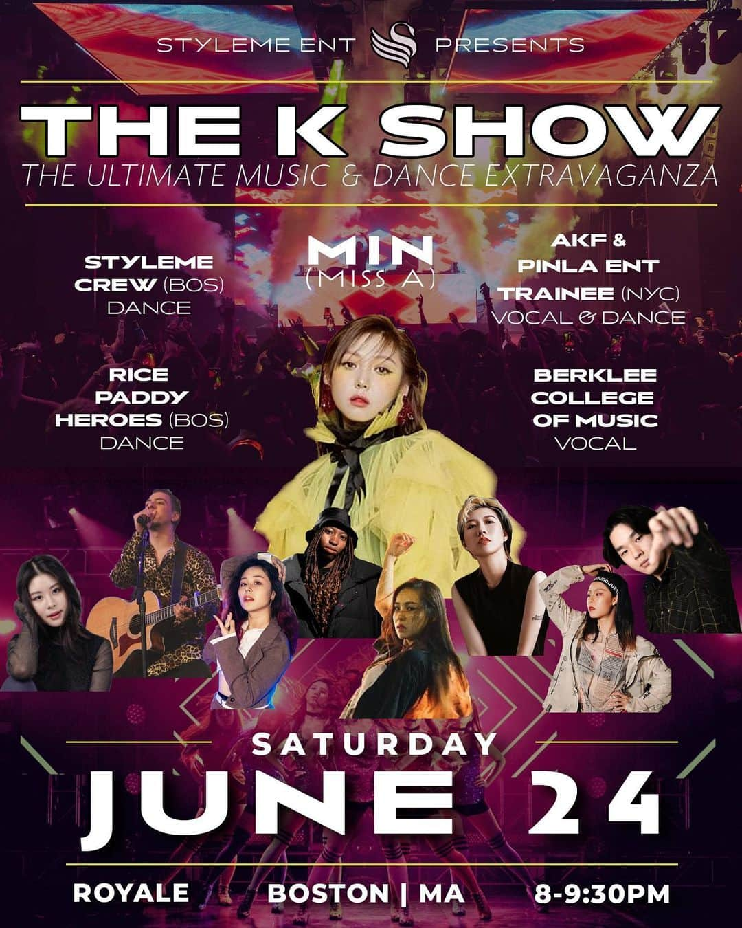 ミン のインスタグラム：「【StyleMe】The K Show -- the ultimate music & dance extravaganza ☝️Only at our showcase‼️ Powerhouse vocals & dance by the iconic Min @therealminnn from the most popular K-Pop girl group of the era, Miss A, live on stage‼️  【About the 🎡Showcase】 ⏰ Time: June 24th Saturday  8-9:30 pm 2023  📍 Location:  Royale Boston  279 Tremont St, Boston, MA 02116 💡10+ yrs old  Click 👉LINK IN BIO👈 @styleme_dance to get your tickets now‼️Prepare to be blown away‼️  Prior to the showcase, we will be hosting a special warm-up session 🎉“K-pop random play dance" from 6:30 - 7:30 pm.   ——————————————  💰【Ticket Choices】🎫 🔥🔥Super Early Bird: $ 26  超级早鸟票 🐦 LIMITED TO 5⃣️0⃣️ PEOPLE ONLY! Early Bird: $ 33  早鸟票  DDL: April.20th  【General Admission】 $ 40  普通票 - This is a Standing Room Only ticket 【At door】$ 60  现场票 【Skip The Line】 $16 免排队- The ticket allows you early access to the venue lobby and early access to StyleMe merchandise! Skip The Line doors open at 6:00 pm. *This does not include a The K Show concert ticket!*  【VIP】 $ 75  贵宾票 💐 LIMITED‼️ - Your The K Show concert ticket - Skip The Line - 1:1 photo with Min with professional setting and autograph *ONLY at The K Show!* - Luxury table sitting at the balcony area (2nd floor) with a perfect view of the extravaganza below, with meticulously prepared fruits & desserts & drinks   - Reserved front line (standing room) closet to the performance stage   - The K Show backstage access  ——————————————  【About the ✨ Artist- Min】 The Main dancer Lead vocalist/Lead rapper of Miss A.  Sunbae of TWICE, Stray Kids, ITZY,and NMIXX. Miss A was a Korean-Chinese four-member girl group formed by JYP Entertainment in 2010. The group debuted in July 2010 with the single "Bad Girl Good Girl." Their debut song stayed as the number 1 song for four straight weeks, breaking the previous record set by Girls' Generation. . . #bostonnightlife  #bostonroyale #stylemedance #missamin #royaleboston #royalebostondancers #royalebostonevents #royalebostonclub #bostonmusic #bostonmusicscene #bostonconcert #bostonshow #bostonwhattodo #bostondance #bostondancescene #bostondancers #bostondancer #bostondancecommunity #bostonmusician #bostonmusicevents」