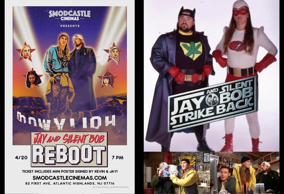 ケヴィン・スミスのインスタグラム：「COMING TO @smodcastlecinemas!  First up, on April 20th - celebrate 4/20 with some silly cinematic stoners  and a weed-free me when MOOBY THE GOLDEN CALF and I host an encore screening of  JAY & SILENT BOB REBOOT! Every ticket comes with a signed mini-poster! Or choose the VIP photo option with Mooby & me!  Then on MAY 6th, join me & @jaymewes for the Smodcastle Cinemas debut of 2001’s JAY & SILENT BOB STRIKE BACK! Every ticket comes with a vintage J&SB 8x10 pic signed by me & Jay! Or choose the VIP photo options: 1) Photo with Kevin & Jay! 2) Photo with @jayandsilentbob in costume!  Tickets on sale NOW at SmodcastleCinemas dot com (or at the link in my bio)!  The view is always Askew at Smodcastle Cinemas -  Where the Movies Come to Play!  (Awesome Art by @thedarknatereturns!)」