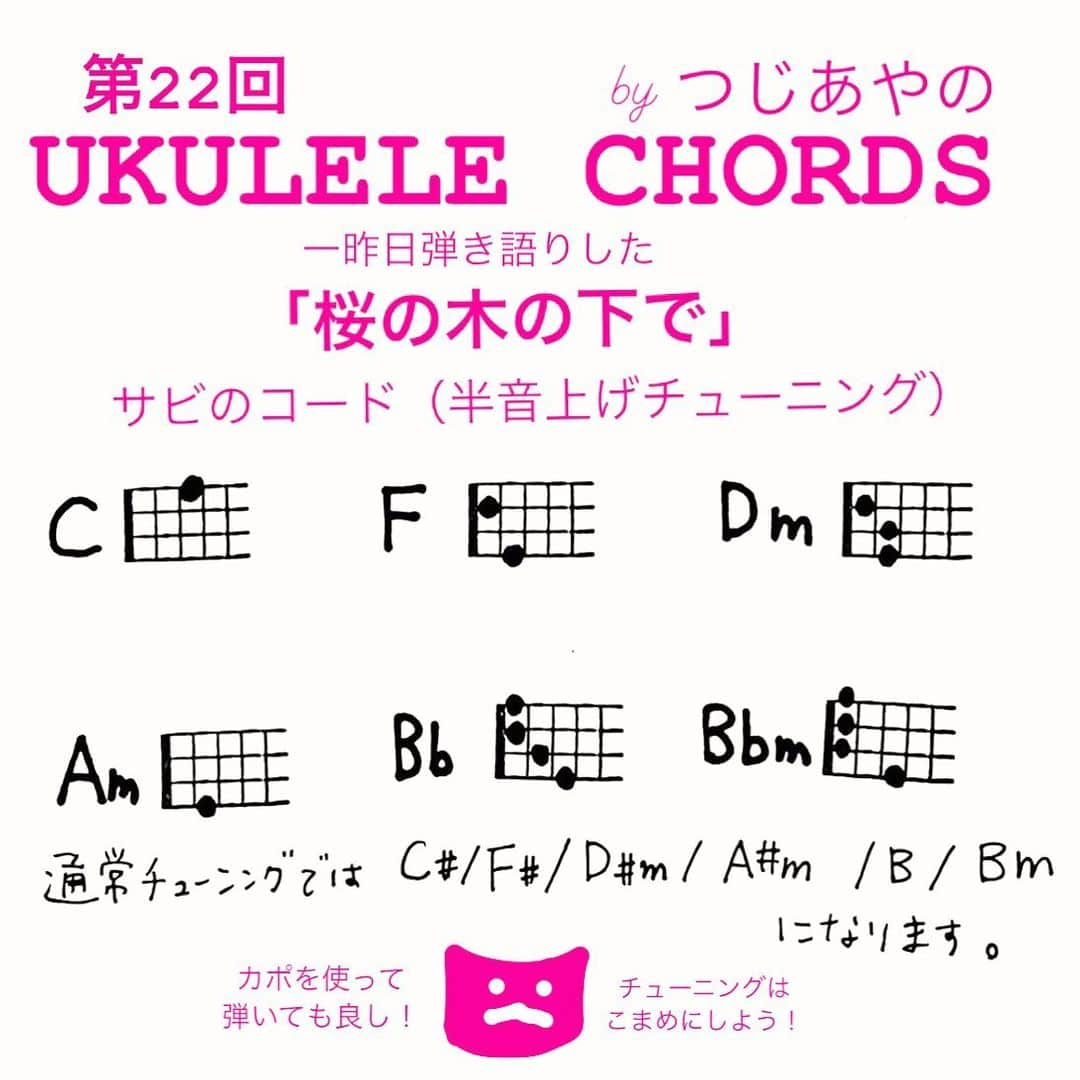 つじあやのさんのインスタグラム写真 - (つじあやのInstagram)「おはようございます。一昨日弾き語りした「桜の木の下で」のサビのコードです。半音上げチューニングで弾いています。通常チューニングではC#/F#/D#/A#/B/Bmになります。歌いやすいチューニングで弾いてみてくださいね。  Good morning.  This is the chord of the song "Under the cherry tree" that I played the day before yesterday. I play it in semitone up tuning. Normal tuning is C#/F#/D#/A#/B/Bm. Try playing it in an easy-to-sing tuning.  #ウクレレ弾き語り #風になる #弾き語り#ウクレレ#ウクレレ女子#ウクレレのある生活 #ウクレレ好きな人と繋がりたい #つじあやの #ウクレレ練習 #ウクレレ教室 #ukulelelove #ukulele #ukulelesongs  #cover #chords #ukuleles #ukulelecover #ukulelemusic」3月27日 7時09分 - tsujiayano.ukulele