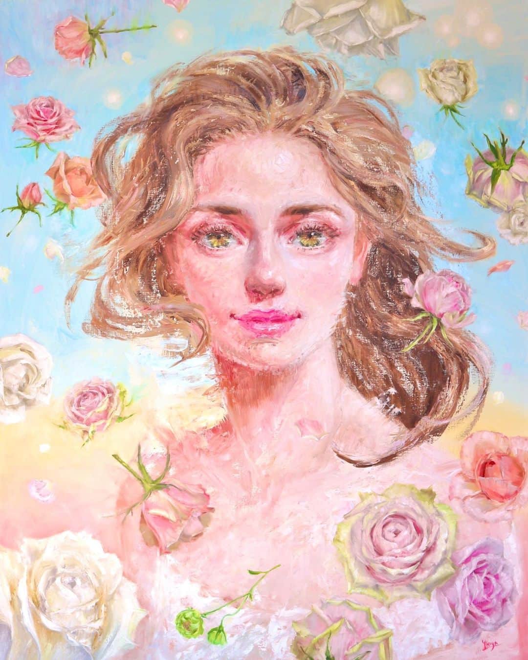 古賀陽子のインスタグラム：「たくさんの舞うバラの中で微笑むNymphです🌹 寒い冬を超え、命芽吹く季節の春。エネルギーと悦び溢れる気持ちを表現しました。 春の光や爽やかな風、お花の香りまで漂ってきそうな作品を目指しました😌  舞っているバラのモデルは おかじゅーるさん からゲット✨ @okajour_flower 石川華園さんが生産された大変美しい入手困難な品種です。 @natsu_rose_diary とっても素敵なバラをモデルに制作できて幸せでした😆 どうもありがとうございます！  #春霞 #珠繭 #吉野 #おかじゅーる #石川華園   ===POP-UP 開催中================== 阪急百貨店うめだ本店 1階 「コトコトステージ12」 3月22日(水)〜4月4日(火)  営業時間｜10時〜20時 定休日｜なし  ︎※作家来場日: 3/24(金),25(土),31(金),4/1(土) ==============================  #うめだ阪急1階コトコトステージ12  #アート #アーティスト #アートワーク #アートコレクター #美術館 #絵画のある暮らし #絵のある暮らし #ギャラリー #大阪 #梅田 #阪急梅田 #阪急うめだ #うめはん #japaneseartist #artcollector #artistsoninstagram #art #artwork #gallery #artist #exhibition #古賀陽子 #yokokoga #油絵」