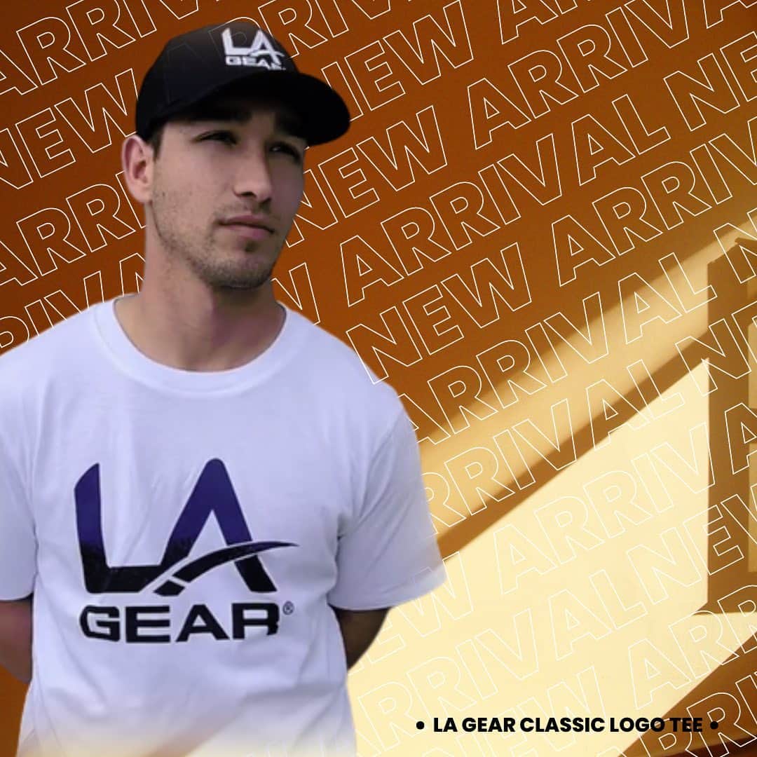 LAギアのインスタグラム：「LA Gear blue x black classic gradient logo tee crafted with heavier yarns and hand-treated with intentional imperfections for authentically worn-in softness and style. Comfort true to size fit. #LAGear #LAGearStyle #tee #truckerhat #ootd #tshirt」