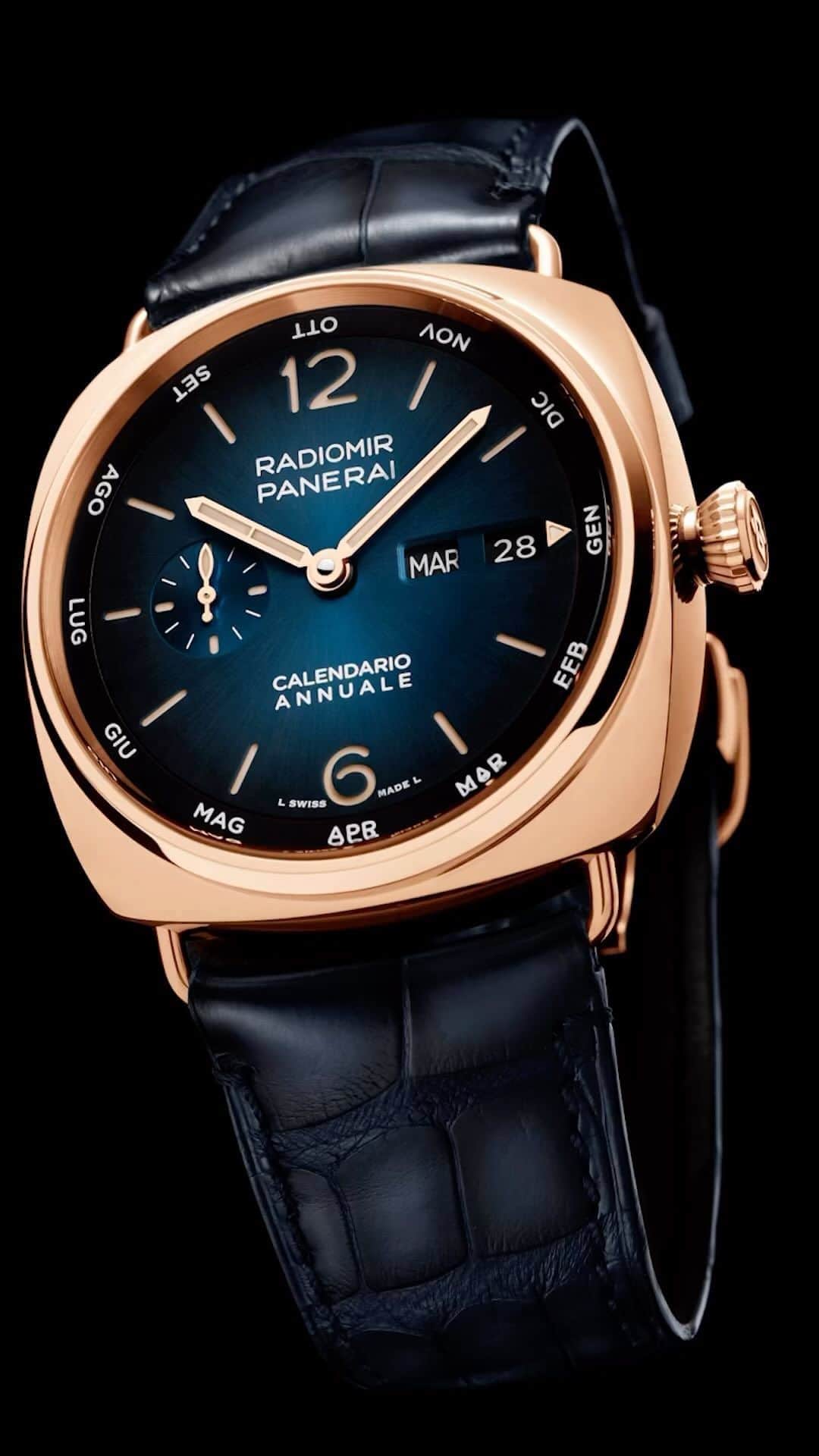 パネライのインスタグラム：「The year of the Radiomir – Watches and Wonders 2023 release.    Rounding out the Radiomir releases here at Watches and Wonders, we have the most complicated one of them all.    The Panerai PAM1363 Annual Calendar Radiomir and PAM1432 “EXPERIENCE” piece Annual Calendar.    These 2 45mm complicated beauties for the first time off an annual calendar complication. Which will include the seconds, minutes, hours, days and now month of the year. Despite the notoriously complicated feature Panerai managed to create an all new movement to display this functionality with a ringed disc around the dial. With every month change, a cam in the movement allows for the turning of the disc in one go making an instantaneous change.    The change of the 30-day and 31-day months are done automatically by the mechanism and is set only one time a year which is at the end of February. After that everything is done by the watch.    The movement powering this beauty is the P.9010/AC Caliber visible through the sapphire case back.    The PAM1363 features a beautiful blue dial houses in a Goltech  Case.    The Experience edition features a sun-brushed burgundy shaded dial, a black hand-dyed matte alligator strap and is set in a 45mm Platinumtech™ case. Every owner of this timepiece will be invited to participate in an extraordinary journey to the Eternal City, Rome, the capital of Italy. The experience will immerse participants in the essence of the brand through events that combine artisanal know-how, culture and tours of historical sites.   The number of Experience pieces hasn’t been announced yet but it will retail for $88,100 while the Regular production piece will be $39,200.」