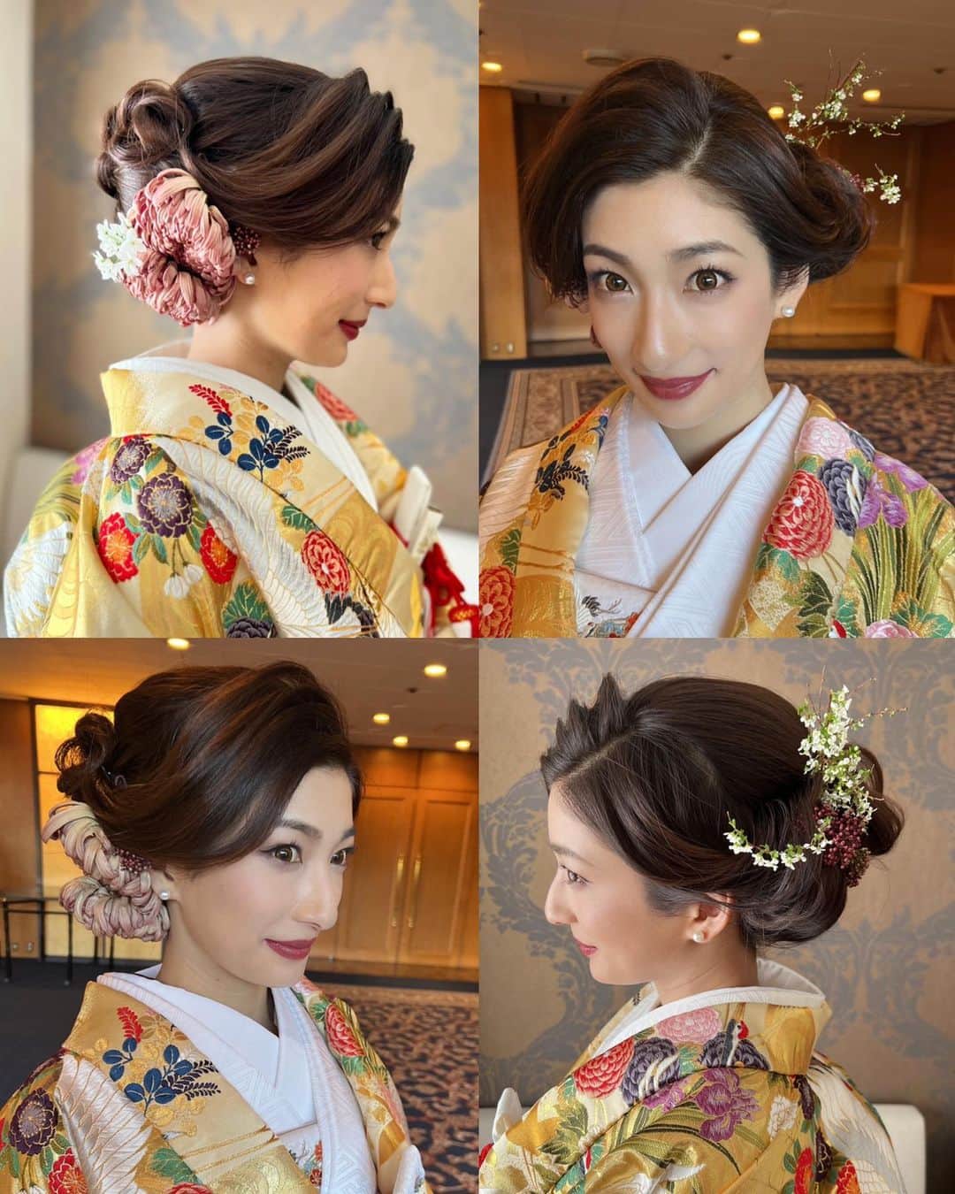 服部由紀子さんのインスタグラム写真 - (服部由紀子Instagram)「azumiちゃん、tatsuyaさんの結婚式。  ゴールドの打掛のお色直しに合わせた絶妙な色のヘッドパーツは 菊のお花とユキヤナギ。  ゴールドの打掛にパキっとした色味を持ってくると、  昔っぽくなってしまうから、  くすみピンクの色と白をチョイス。  ユキヤナギのカーブを利用して、 簪のように。  生花もお任せしてくださってありがとうございました♡  和装のヘッドパーツは大きさを変えて、 3種類以上の花材を組み合わせることがおすすめです🫡✨  和装を着られる花嫁様、 参考にしてみてくださいね♪  2人のカッコよく大人なウェディングの雰囲気。 とっても大好きです。  素敵でしたー！  #プレ花嫁#東京花嫁#横浜花嫁#前撮り#結婚#軽井沢花嫁#ホテルウェディング#服部由紀子#2023春婚#ヘアメイク#白無垢ヘア#ブレストンコート花嫁#2023冬婚#ウェディングブーケ#情熱大陸#ウェディングブーケ#ブーケ#東京前撮り#名古屋花嫁#丸の内前撮り#weddingphotography #wedding #audreyhepburn #ブーケ #ブーケデザイン#boutique #bouquet #weddingbouquet  #前撮りヘア#ブーケトス」3月27日 19時24分 - ceu0116