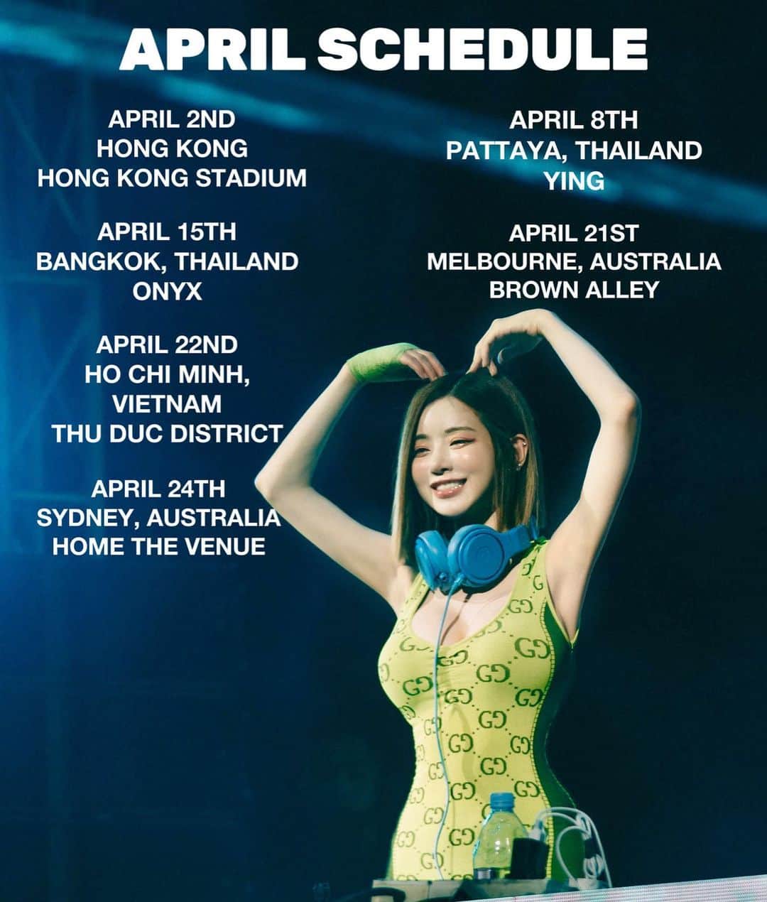 Dj Sodaさんのインスタグラム写真 - (Dj SodaInstagram)「4월 스케줄~💚💙💚💙 Hello everyone!💕Check out my April tour schedule! I will be in 6 different cities, 4 different countries around the world so you better check your nearest place and party with me!🥰🥰 #djsoda #teamsoda」3月27日 20時12分 - deejaysoda