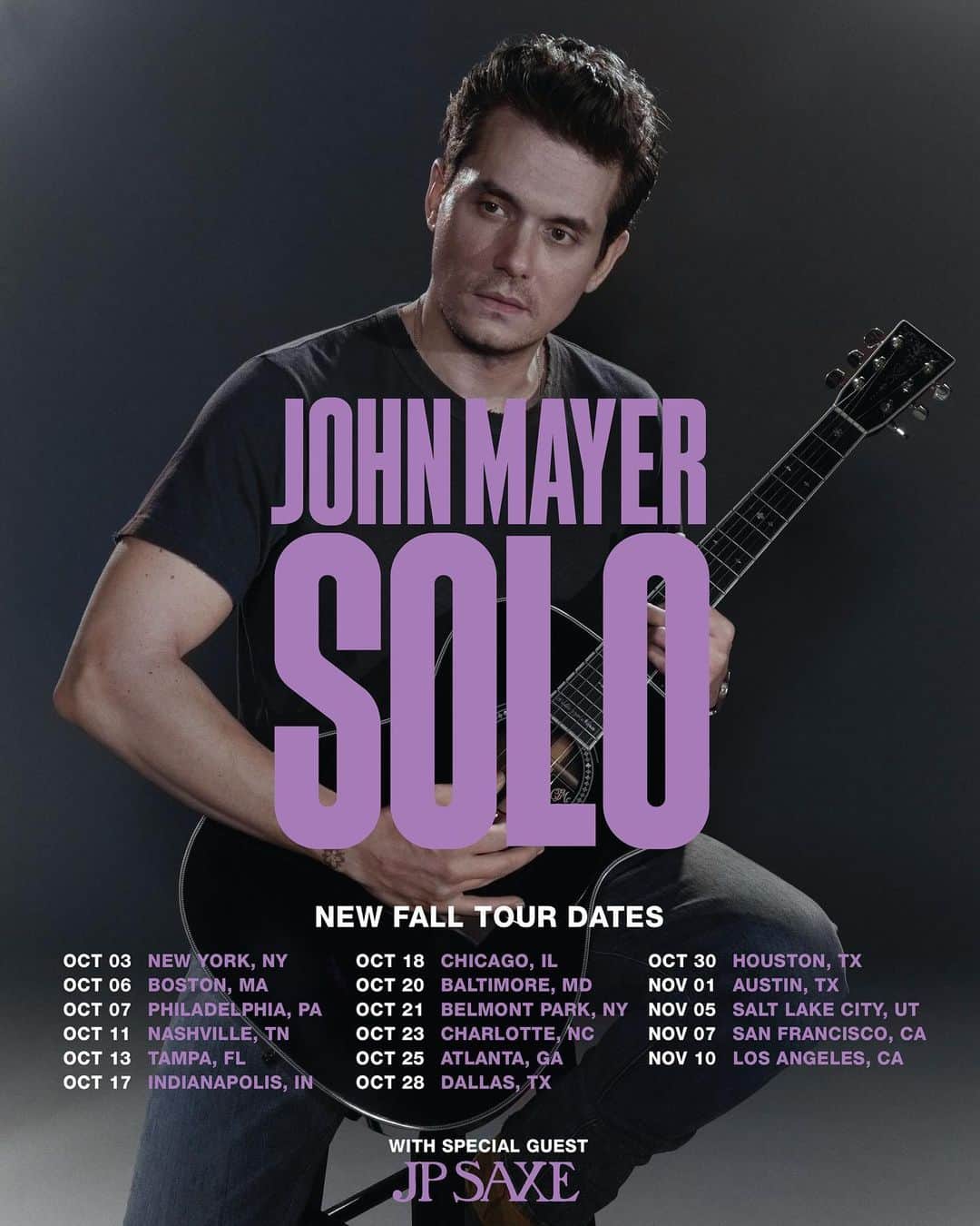 ジョン・メイヤーのインスタグラム：「Announcing new fall dates for the Solo tour.   As a dear friend once told me, “never block a blessing.” Something very special is happening out here and I want to keep it going - It’s too good for my soul. Thank you for making it such an incredible run so far…   Tickets go on sale to the public Friday, March 31 at 9 AM local time. An exclusive fan presale will be available starting Wednesday, March 29, at 9 AM local time and end Thursday, March 30, at 10 PM. Sign up to access your unique presale code now at johnmayer.com  UK and Europe dates coming soon.」