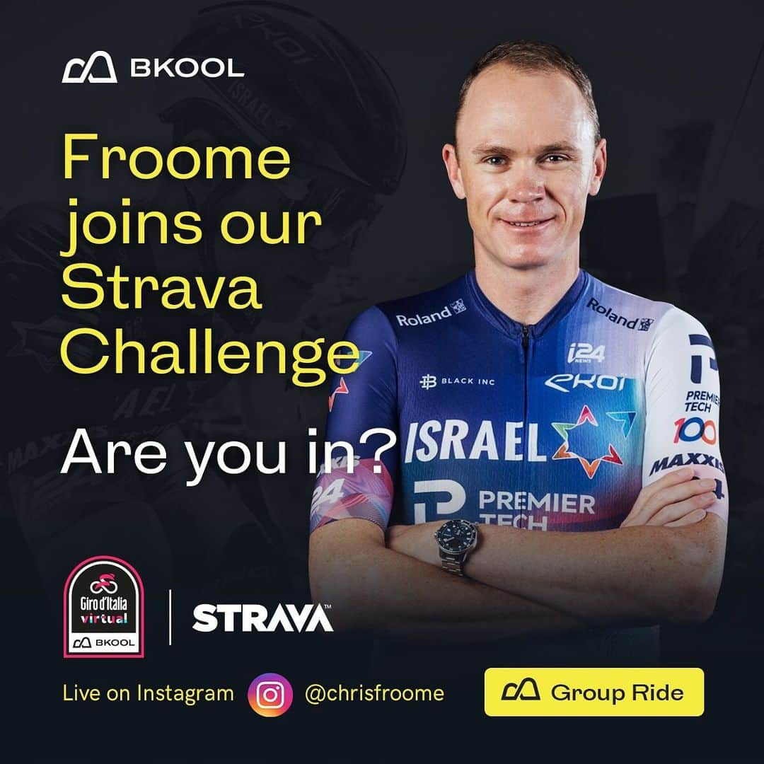 クリス・フルームのインスタグラム：「@chrisfroome joins  BKOOL to compete in the Stava Challenge! On Wednesday at 18:00 (CEST) you will able to ride the Budapest ITT stage from the @giroditalia 2022 together with one of the best cyclings of our time.  ¡ @chrisfroome se une a BKOOL para competir en el Strava Challenge! Este miércoles a las 18:00 podrás recorrer la etapa Budapest ITT, del @giroditalia 2022, junto a uno de los mejores ciclistas del panorama actual.」