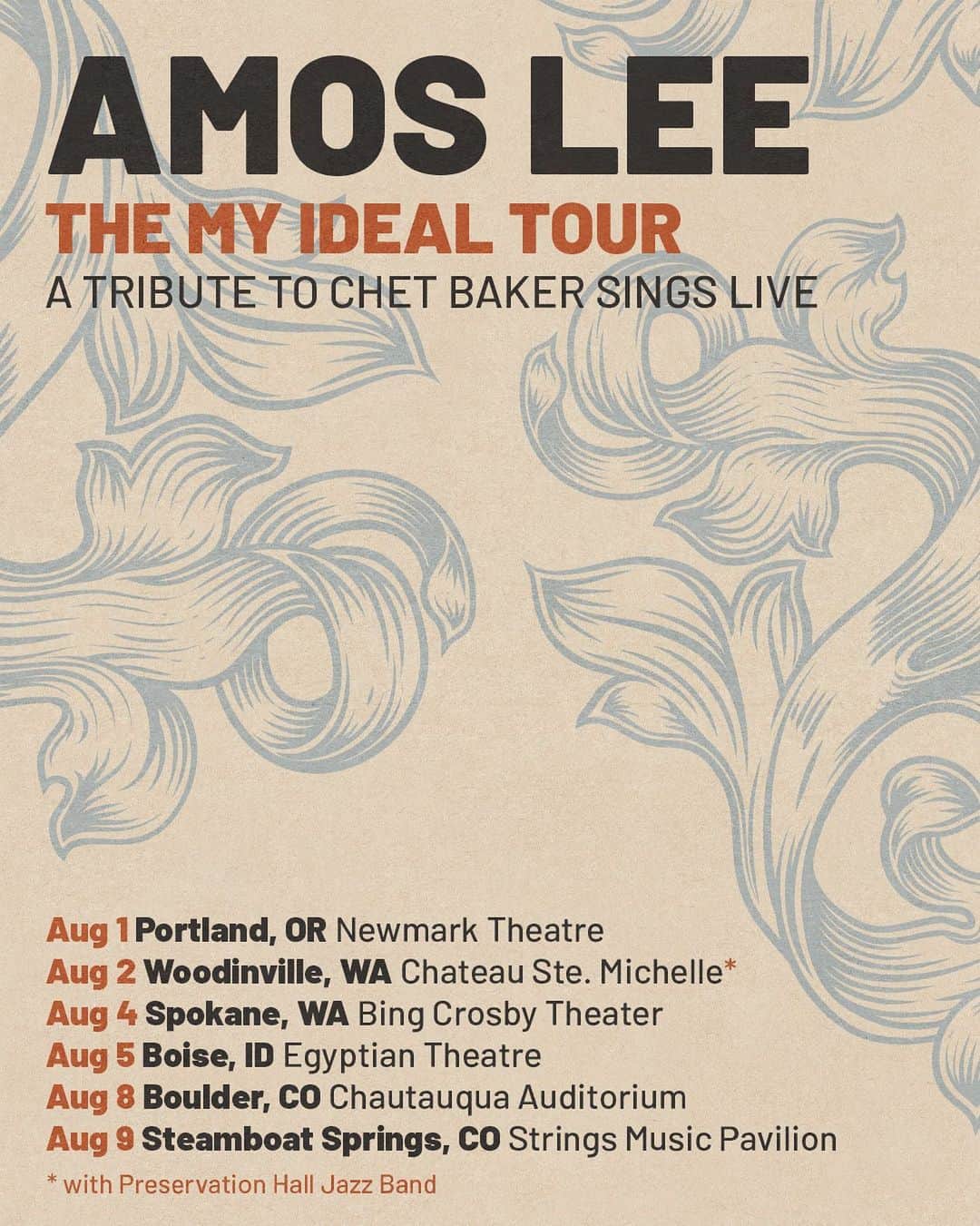 エイモス・リーのインスタグラム：「Announcing the My Ideal Tour: A Tribute To Chet Baker Sings Live! Get pre-sale tickets starting tomorrow 3/28 at 10am local time using code: MYIDEAL   All tickets go on sale this Friday 3/31 at 10am local time.」