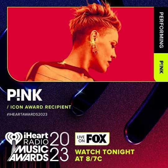 P!nk（ピンク）のインスタグラム：「TONIGHT I’m taking over the @iHeartRadio Music Awards! Watch the show LIVE on FOX at 8/7c! #iHeartAwards2023」