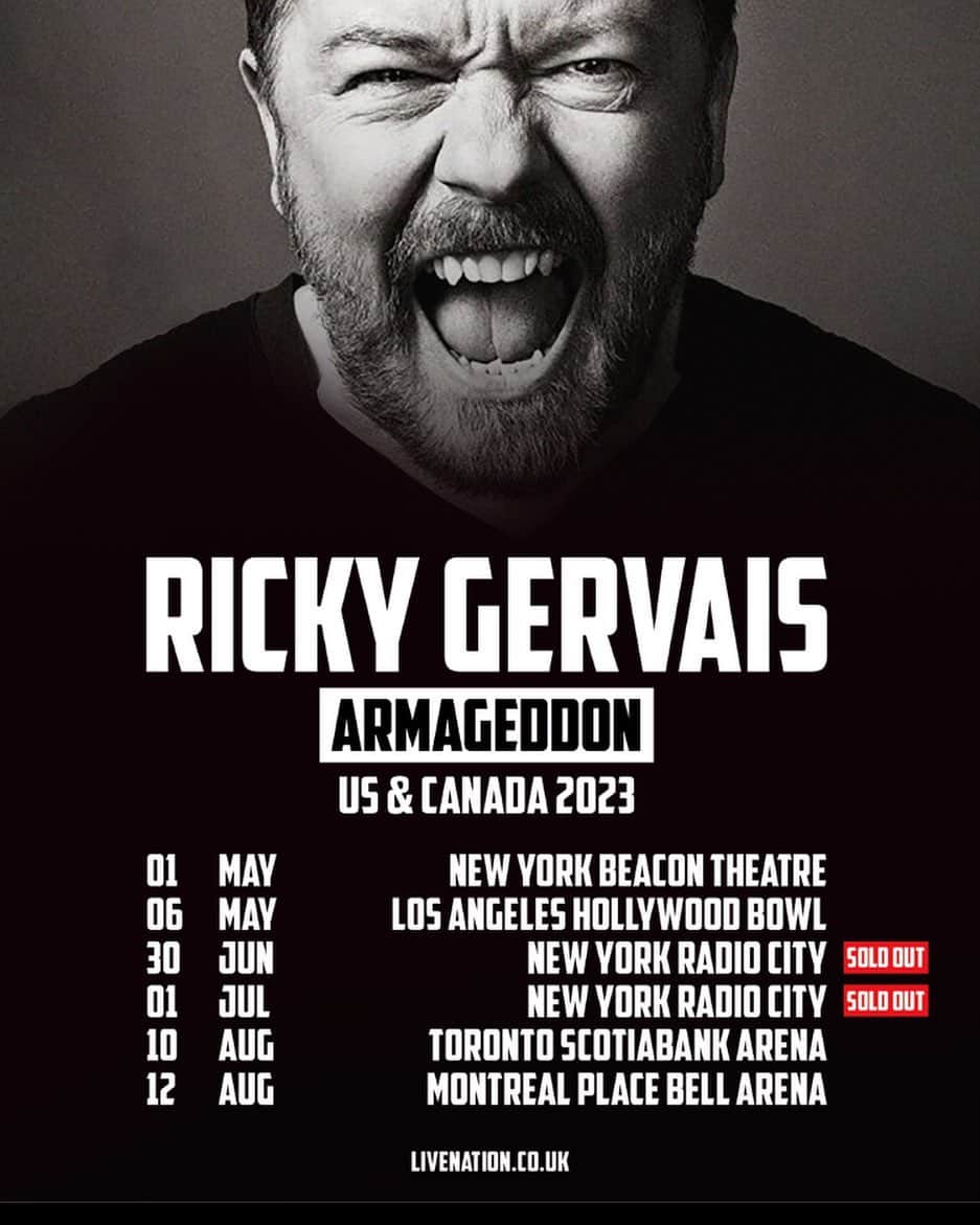 リッキー・ジャーヴェイスのインスタグラム：「More North American Dates!  Tickets on Sale Friday 10am Local.」