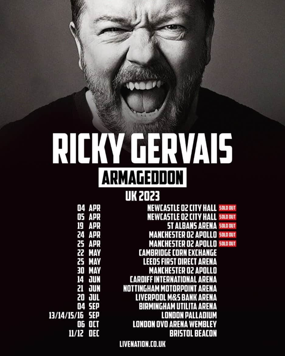 リッキー・ジャーヴェイスのインスタグラム：「More UK Dates!  Tickets on Sale Friday 10am Local.」