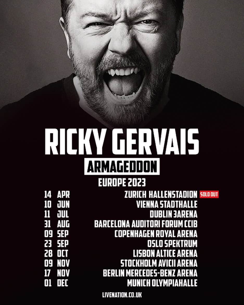 リッキー・ジャーヴェイスのインスタグラム：「More European Dates!  Tickets on Sale Friday 10am Local.」