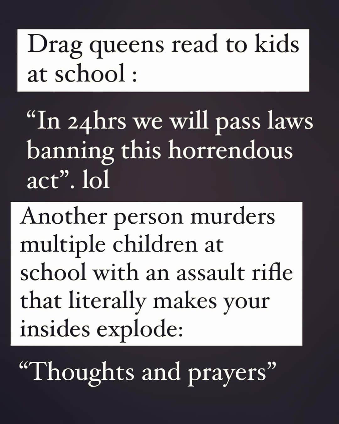 サラ・フォスターのインスタグラム：「If only our lawmakers had the same anger towards children being murdered as they did for drag queens reading to them. 🇺🇸」