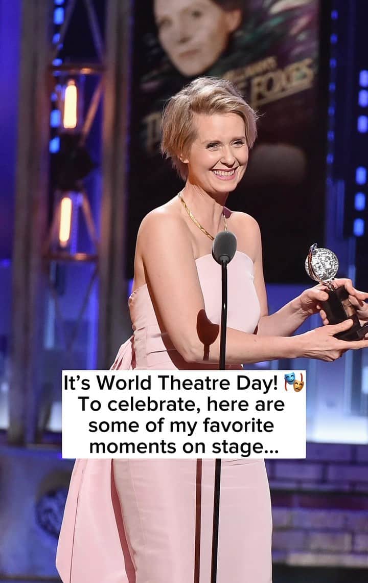 シンシア・ニクソンのインスタグラム：「Happy #WorldTheatreDay everybody! I’m a born theatre junkie, both as an actor and audience member. Here are some pictures of productions I’ve had the joy of being a part of over the years. ❤️」