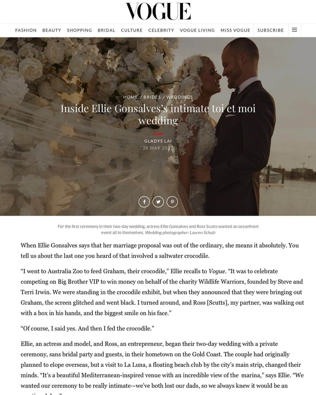 エリー・ゴンサルヴェスさんのインスタグラム写真 - (エリー・ゴンサルヴェスInstagram)「Just married.   feat. @vogueaustralia & @gladys__lai   the day of our dreams.. Wedding Planner | Stylist @alysiabridgerevents Wedding Venue @laluna.beachclub Photography @laurenschulzvisuals Film @followcaio @dominicthwaite  Accommodation Venue @palazzoversace  Transport @porschecentreGC Super Yacht @rivieraboats   Bridal gowns @oglialorocouture  Ross’s Suit @dyonsu Jewellery @calleijajewels  Hair @brodieleerokstar @LorealPro Make Up @alexperrinmua Media @weddedwonderland  Stylist @styledbybloom_  Flowers @theblossomtreecompany  Bouquet @mrsgibbonsflowers  Candles @candlesbyjessica  Champagne Tower @champagnewalls_goldcoast  Sax @mrsaxaustralia  Wedding Cakes @ekats  Fireworks @osmicproductions  Celebrant @marriedbyjake Private Dinner caterer @chef_mcleod @alfreshco_catering  Bridal robes @homebodii」3月28日 7時38分 - ellie_gonsalves