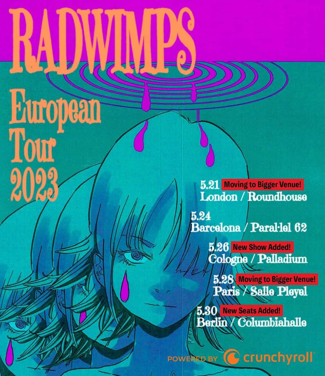 RADWIMPSさんのインスタグラム写真 - (RADWIMPSInstagram)「RADWIMPS European Tour 2023、SOLD OUTしていた5/21のLondon公演と5/28のParis公演が会場を変更してチケットの追加販売が決定！ さらに、新たに5/26にCologne公演が追加！  https://radwimps.jp/live/14169/  To accomodate great demand, London and Paris venue upgrade is confirmed for RADWIMPS European Tour 2023 with new seats just released in Berlin! Also, new show has been added for May 26th in Cologne!  https://radwimps.jp/en/live/14171/  #RAD_EUROPEANtour2023」3月28日 18時06分 - radwimps_jp