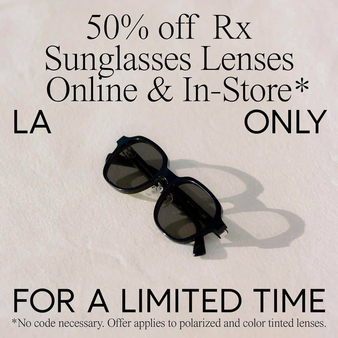 JINSのインスタグラム：「Try our Rx Sunglasses lenses today and take 50% all our color tinted and polarized lenses. Available online and at our LA stores.」