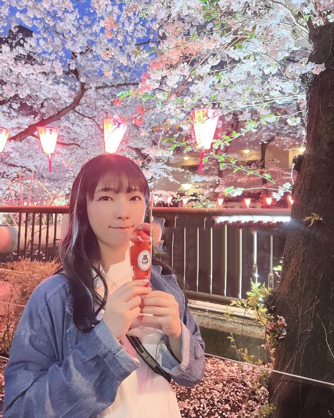 服部彩香のインスタグラム：「夜桜🌸🌱.•*¨*• 🌸.•*¨*•🍃🌸.•*¨*•🌸🌱.•*¨*•🌸 . #中目黒 #目黒川 #🌸 #桜 #さくら #花見 #cherryblossom」