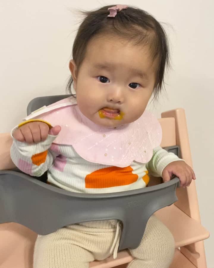 Mai Wakimizuのインスタグラム：「生後6ヶ月の時に始めた離乳食。毎日頑張ったけどなかなか進まず、作ってもほぼ捨てる毎日。よし！1回休憩しよう！と軽い気持ちで離乳食中断。そして気付けば1ヶ月半が経ち(笑)まもなく8ヶ月を迎えようとしていた頃、主人にいつ再開する？と言われて思い出す。笑 久しぶりに食べさせてみたらなんと！パクパク食べてお代わりするほどに♡これは今日の夕飯時の様子。お粥ににんじんかぼちゃ、ペロペロしながらしっかり完食してくれた＼(^o^)／離乳食食べないと悩まれてるママさん、一度休憩してみるのも良いかも♡ #生後8ヶ月#女の子ベビー#離乳食」