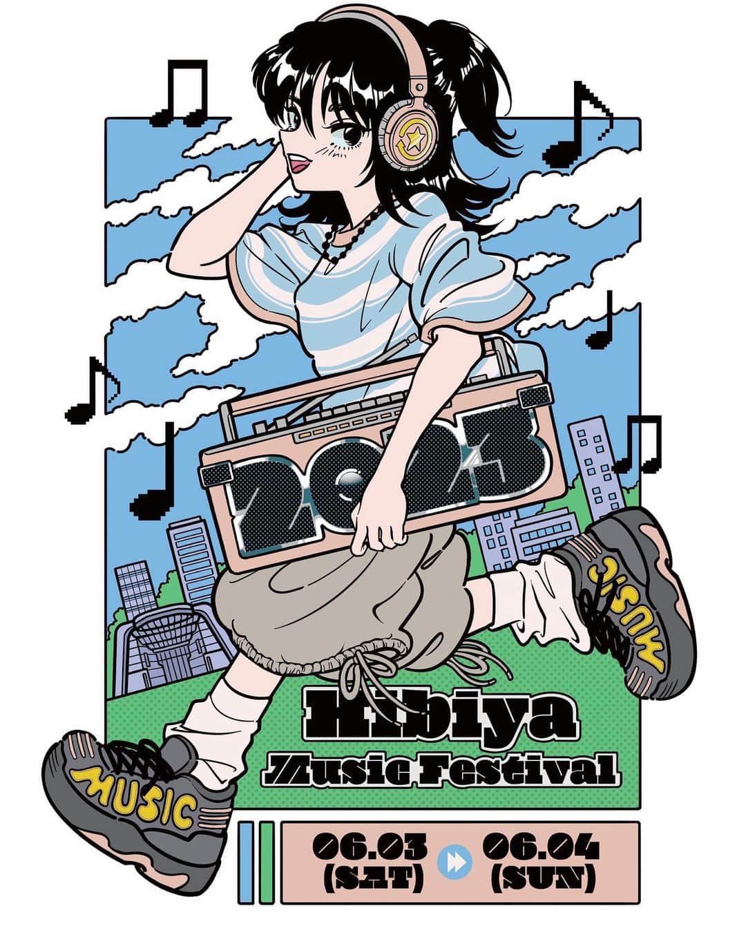 佐藤なつみのインスタグラム：「【お知らせ】 日比谷音楽祭2023のクラウドファンディングの リターン用公式Tシャツを描き下ろさせて頂きました！🌿 作品に込めた想いなどもサイトに記載頂いております😊 是非チェックしてみて下さい！✨  ＝＝＝＝＝＝＝  音楽プロデューサー亀田誠治が実行委員長を務める「日比谷音楽祭」は、東京のセントラルパーク・日比谷公園で、誰もに開かれた「フリーでボーダーレス」な音楽イベントとして2019年に初めて開催しました。親子孫三世代、誰もが気持ちのよい空間と、世代やジャンルや好みを超えたさまざまな質の高い音楽体験を、無料で楽しめます。無料での開催は、クラウドファンディングや企業の協賛、助成金によって実現しています。音楽の楽しみ方も音楽の届け方も、もっと自由になっていいと日比谷音楽祭は考えています。音楽文化がより豊かになり、音楽が人々の暮らしに自然に根をはり、日々を豊かにする。そんな「音楽の新しい循環」をつくっていくきっかけとなることを目指しています。  祝・日比谷野音100周年『日比谷音楽祭2023』 日程：2023.6.3(土)-4(日) 場所：東京・日比谷公園、東京ミッドタウン日比谷(サテライト会場) 料金：無料 hibiyamusicfes.jp  ▼クラウドファンディングへのご支援よろしくおねがいします 「日比谷音楽祭2023｜みんなでつくる音楽祭の実現へ向けて」 実施期間：2023.3.28(火)～2023.6.26(月)23:00 目標金額：2,500万円  https://readyfor.jp/projects/HMF2023  #日比谷音楽祭 #illustration #illustrator #90s #イラスト #ガールズイラスト #女の子イラスト #古着女子 #古着コーデ #古着 #イラストレーター #ストリート #ストリートコーデ」