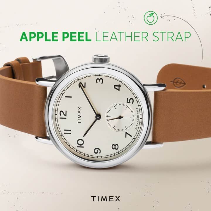 のインスタグラム：「Crafted to keep our planet ticking. 🌏⁣ ⁣ Our new Standard Sub-Second is the first Timex to feature a strap made from innovative apple peel leather - you could say it's a watch you can 𝘱𝘦𝘦𝘭 good about. 😉 (Sorry, we had to.)⁣ ⁣ Shop now at timex.com.⁣ ⁣ #timex #newwatch #watchfam #watchlovers #watchcollection」