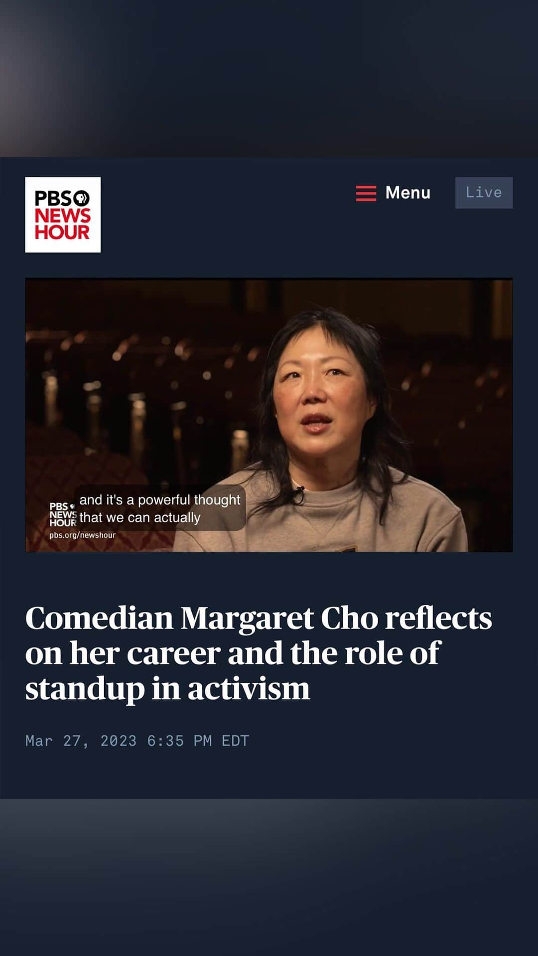 マーガレット・チョーのインスタグラム：「Thank you to @pbs @newshour for joining me at my D.C. tour stop to reflect on my work, my purpose and my passion. Full link to interview in my stories ✨ #liveandlivid」
