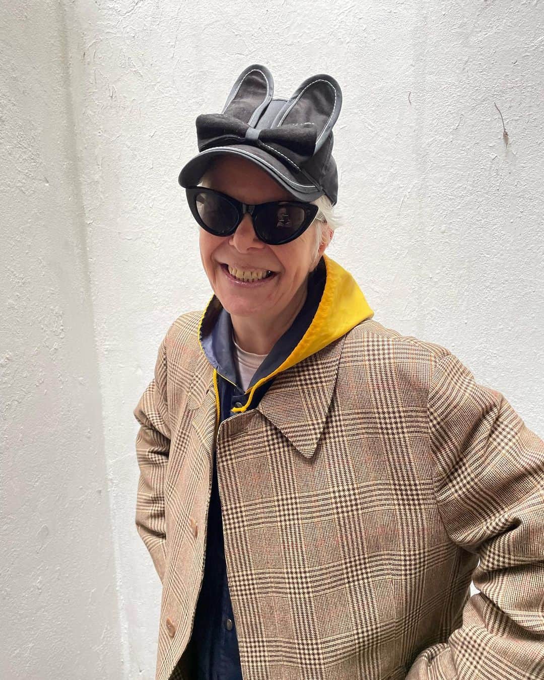 バーンストックスピアーズのインスタグラム：「Double Harris-Tweed and a Bunny Cap.  Oooh this Suede Bunny Cap feels so smart worn with a tailored coat and pencil skirt from our favourite vintage store @hunkydoryvintage   All our hats are hand made in our East London Studio.」