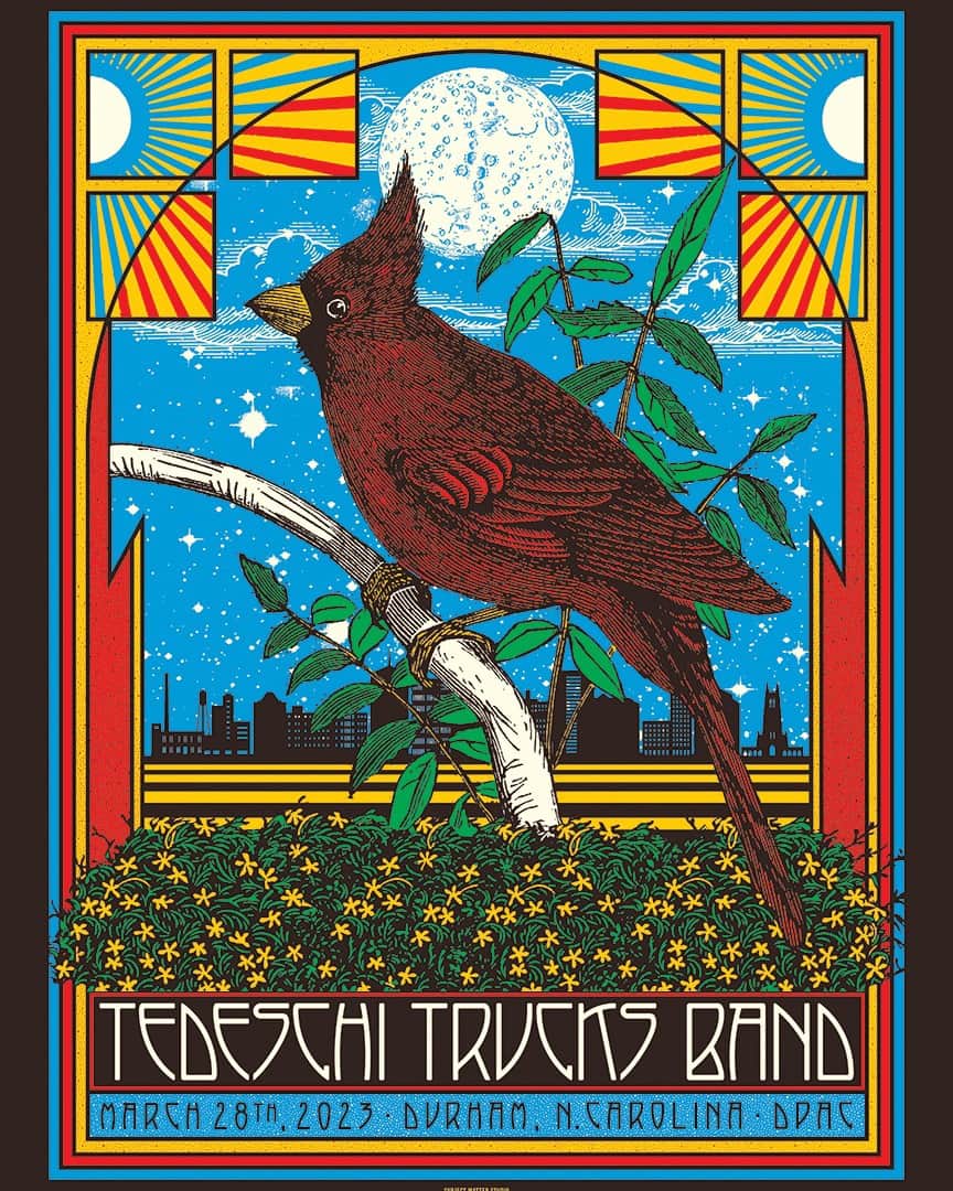 テデスキ・トラックス・バンドのインスタグラム：「Here is the poster for tonight’s Durham, NC show from @subjectmatterstudio   18”x24” limited edition prints will be available at merch upon doors opening, with a very limited amount signed by Derek and Susan, and a limited amount of foil variants.」
