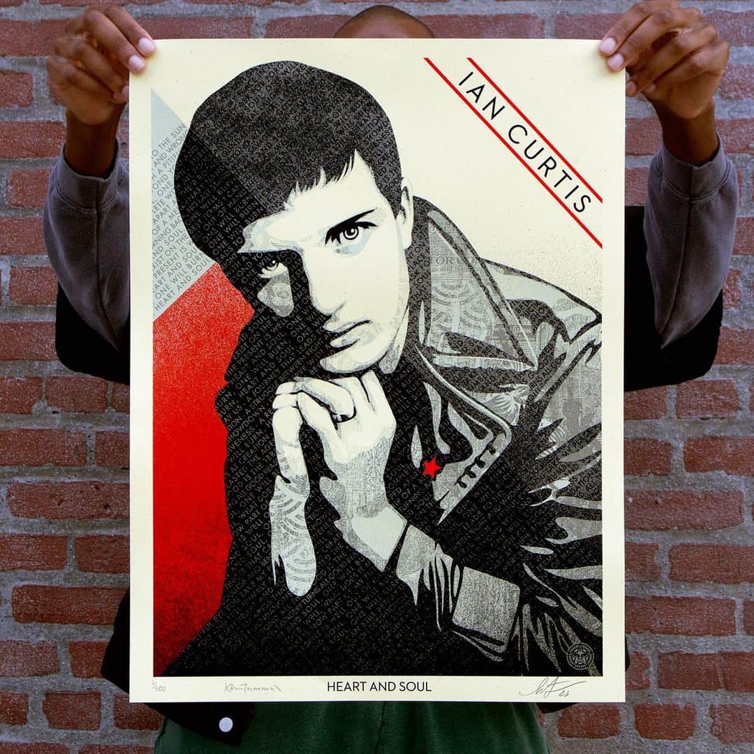 Shepard Faireyのインスタグラム：「NEW Print Release: “Ian Curtis Heart and Soul” Available Thursday, 3/30 @ 10 AM PDT!  I first discovered Joy Division through my friend Jay Haley in 1985-86. Jay was a little more open-minded than I was, so he was listening to aggressive punk and hardcore, but also, more moody music like The Smiths, The Cure, early Cult, and Joy Division. I initially liked some of Joy Division’s melodies, but I generally found the music a bit cold, sparse, and haunting on the verge of depressing. However, the music grew on me over time and the qualities I just described as liabilities became assets. As I grew out of my punk rock orthodoxy phase I realized no band sounded quite like Joy Division. My love of Joy Division has only grown over the years along with my appreciation for their imagery. Joy Division’s image of elegant austerity is often connected to their artwork by Peter Saville, but a lot of credit should go to @kcmanc for his noir portraits of the band. I’ve loved Cummin’s photography for years, so I was delighted when he agreed to collaborate on a portrait of Ian Curtis, Joy Division's singer who took his own life in 1980 at 23. Curtis was a unique singer but also a powerful lyricist, so the lyrics to the song Heart and Soul are woven through the art along with an angular divide through Curtis’s figure symbolizing the tension between heart and soul. Since Kevin actually knew Ian, I appreciated that he would allow me to interpret his iconic photo! –Shepard  From @kcmanc: Whenever I photographed Ian, I wanted to capture his intensity. My brief (to myself) was to portray Ian, and the other members of Joy Division, as serious young men. They were serious about their music of course, but mostly they were typical of young lads everywhere, in that they were relatively carefree. Ian always seemed different. His intensity shines though his face and his piercing eyes. That’s what I always hoped to achieve with my photos, and the fact that they still resonate so strongly, bears testimony to that. –Kevin Cummins  👉More print details on the link in bio. A portion of the proceeds will go to @calmzone.」