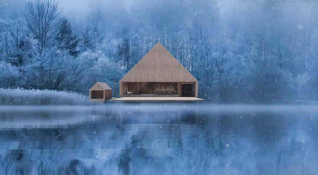 のインスタグラム：「湖畔敷地での計画。 雪を落とすための機能から自然と導かれた形。 親子みたいな建物で、小さい方はもちろんサウナ。 サウナから湖畔に飛び込む体験をイメージしながら設計を進めています。 Planning for a lakeside site. The form was naturally derived from the function to drop snow. The building looks like a father and son, the smaller of which is of course the sauna. We are designing it while imagining the experience of jumping into the lakeside from the sauna. #architecture #interiordesign #sauna #daichi #lakeside」