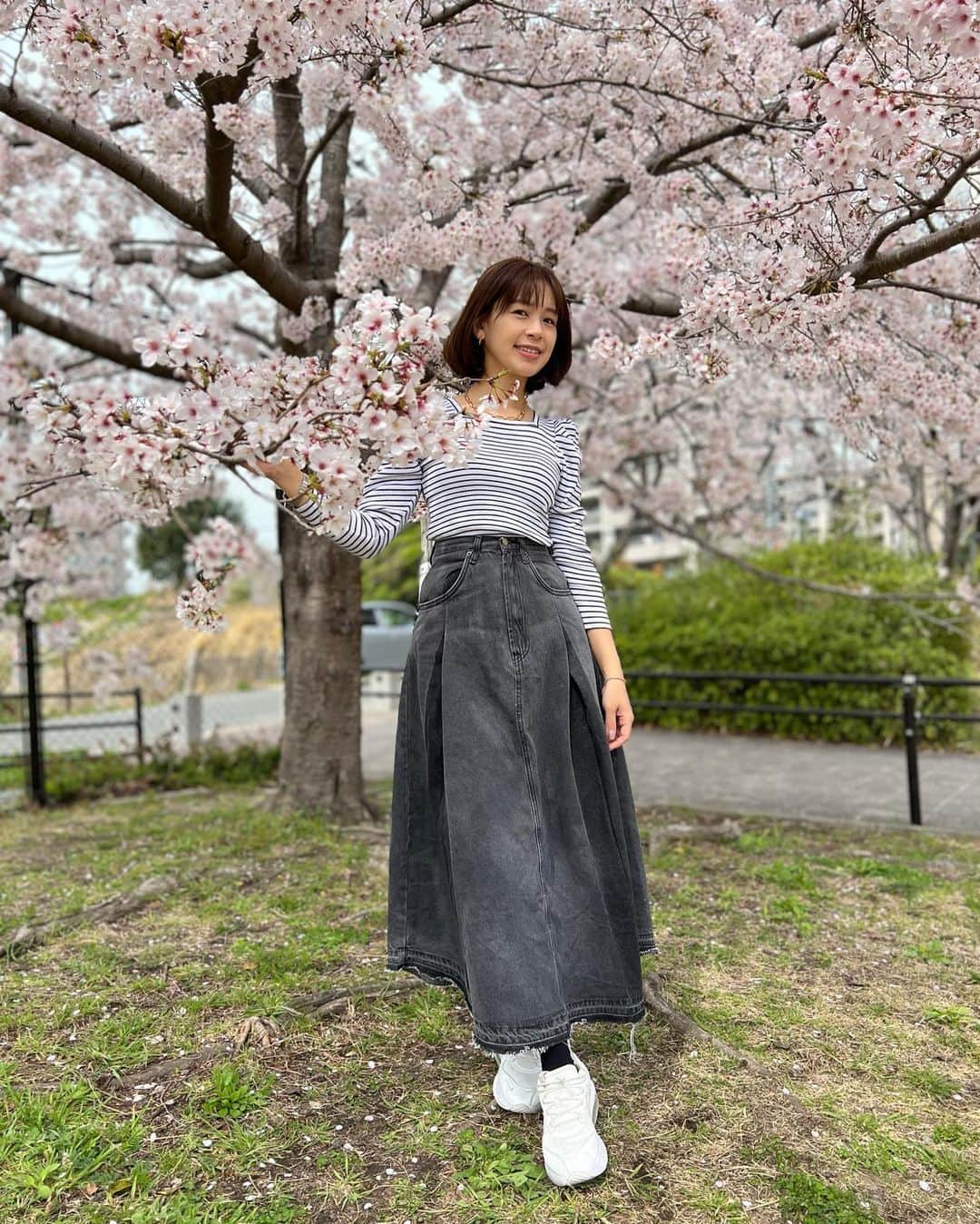 石井あみさんのインスタグラム写真 - (石井あみInstagram)「𓊆 Cherry blossoms𓇢𓊇  公園に寄ってみたけど、 福岡の桜もピークすぎたかな。  引越し準備でお花見どころじゃなかったけど、思い出に見に行きました。  最後の2枚は去年の同じ場所。 桜見る時ボーダー着がち。  や、春はボーダー着がち。  #cherryblossom #fukuoka #海外移住#セブ島」3月29日 9時50分 - ami_cebuyolo